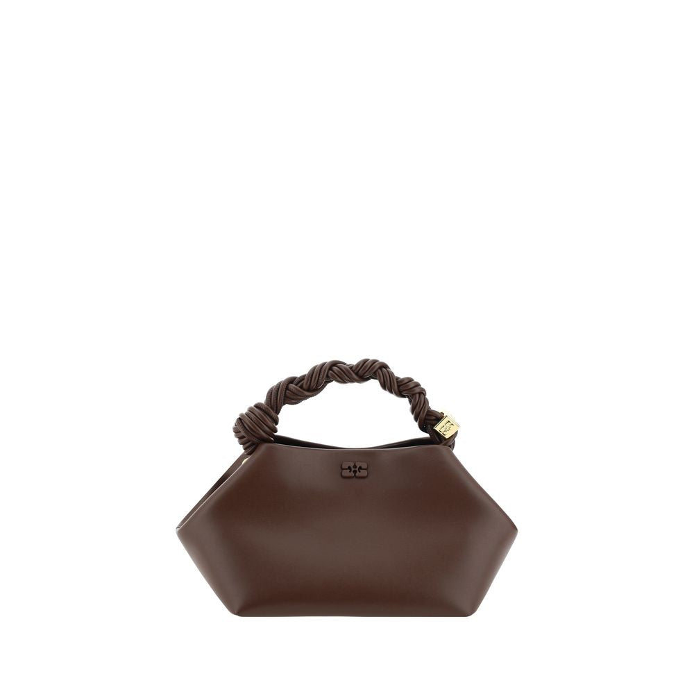 GANNI Small Bou Bag in Chocolate Fondant brown recyclyed leather featuring a twisted handle and gold-tone Butterfly logo dice.