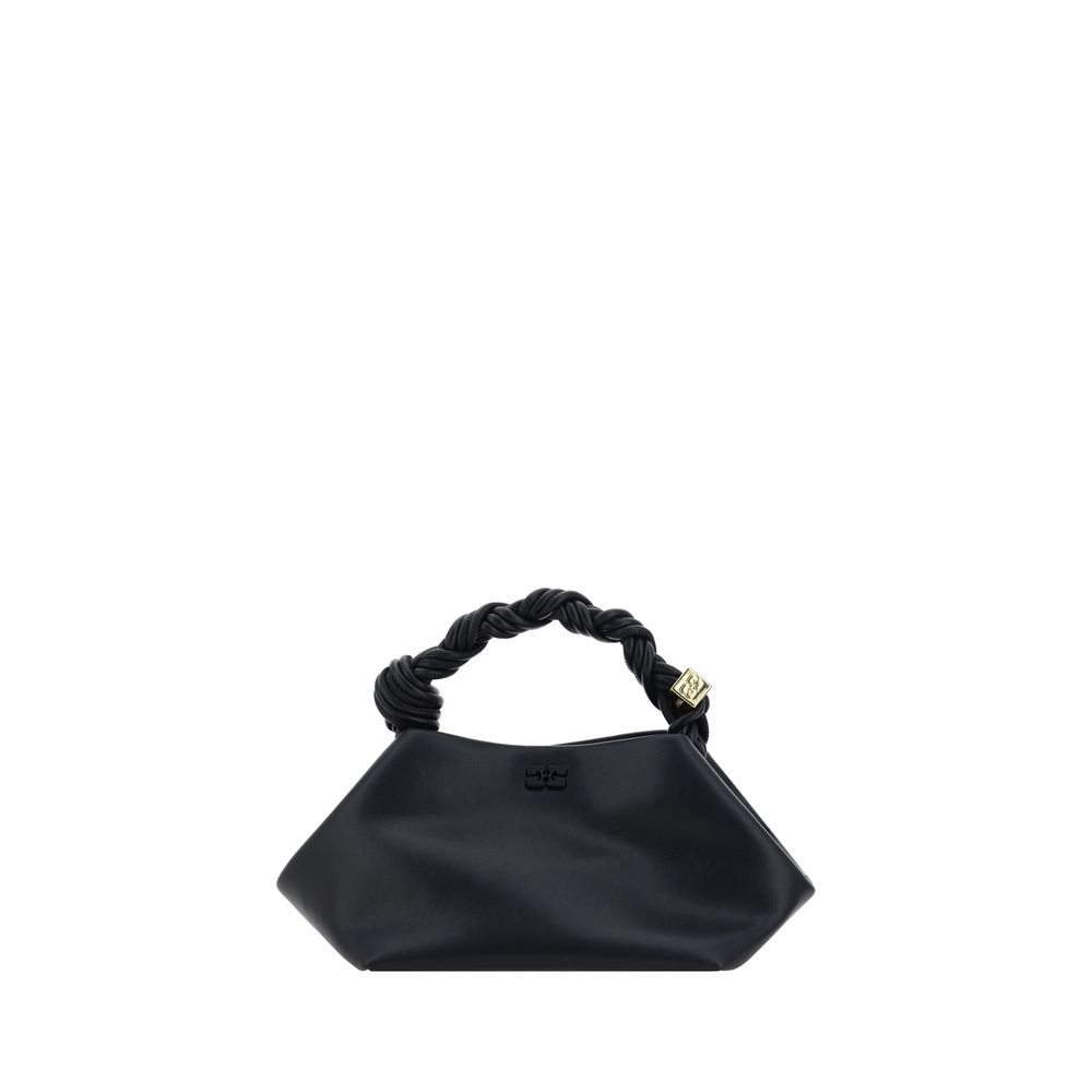 Ganni Small Bou Bag in Black recycled leather featuring twisted top handle and metallic Butterfly logo hardware.