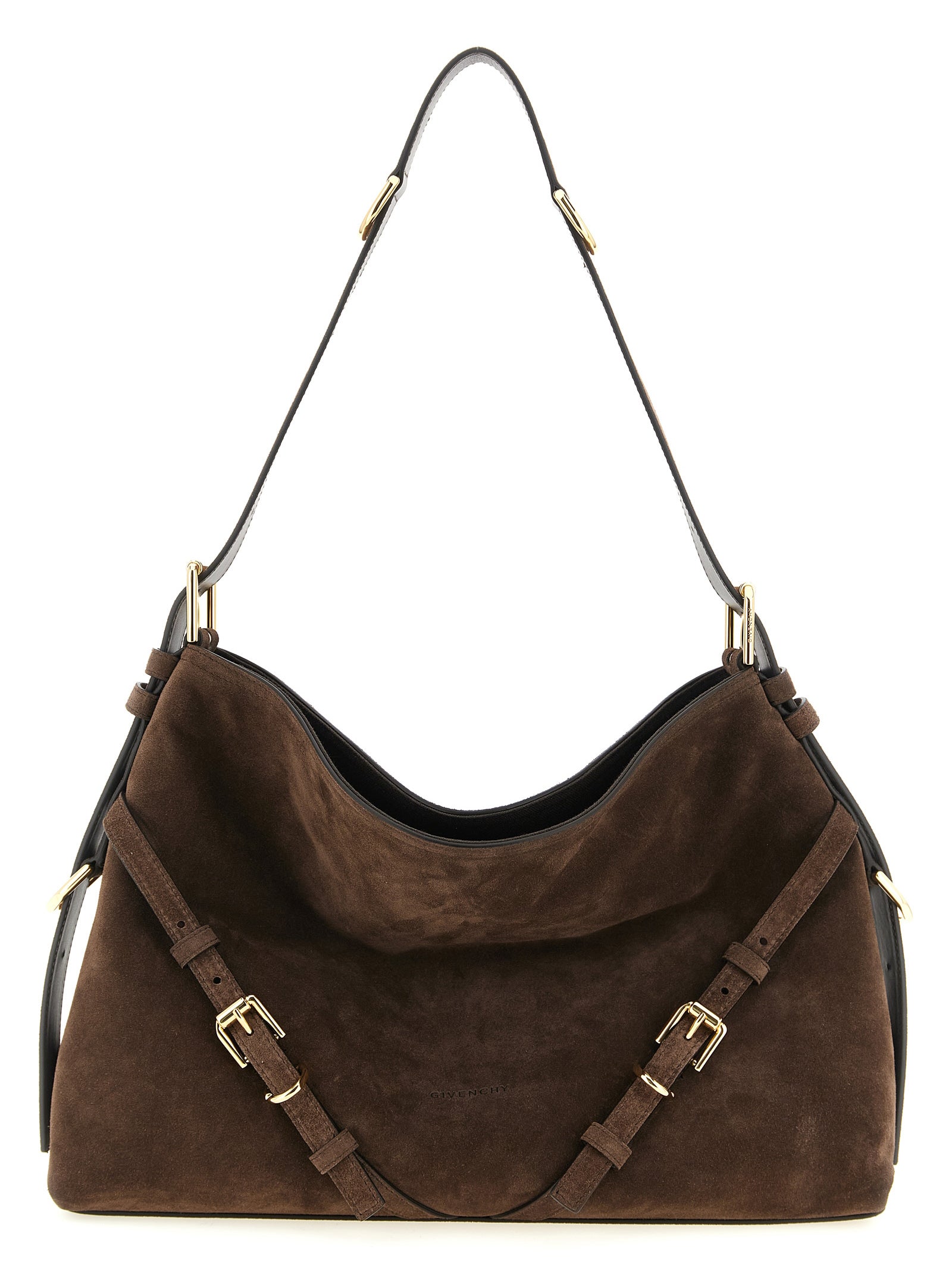 Givenchy Medium Voyou shoulder bag in a slouchy ebony brown suede featuring gold-finish engraved buckles and embossed front logo.