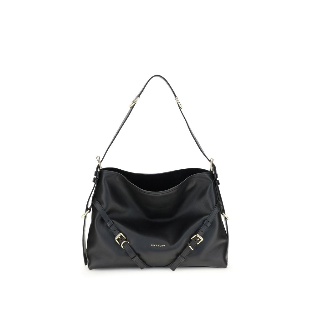 Givenchy Medium Voyou bag in shiny black calfskin leather featuring a slouchy V-shaped silhouette, adjustable shoulder strap, and gold-finish metal hardware.
