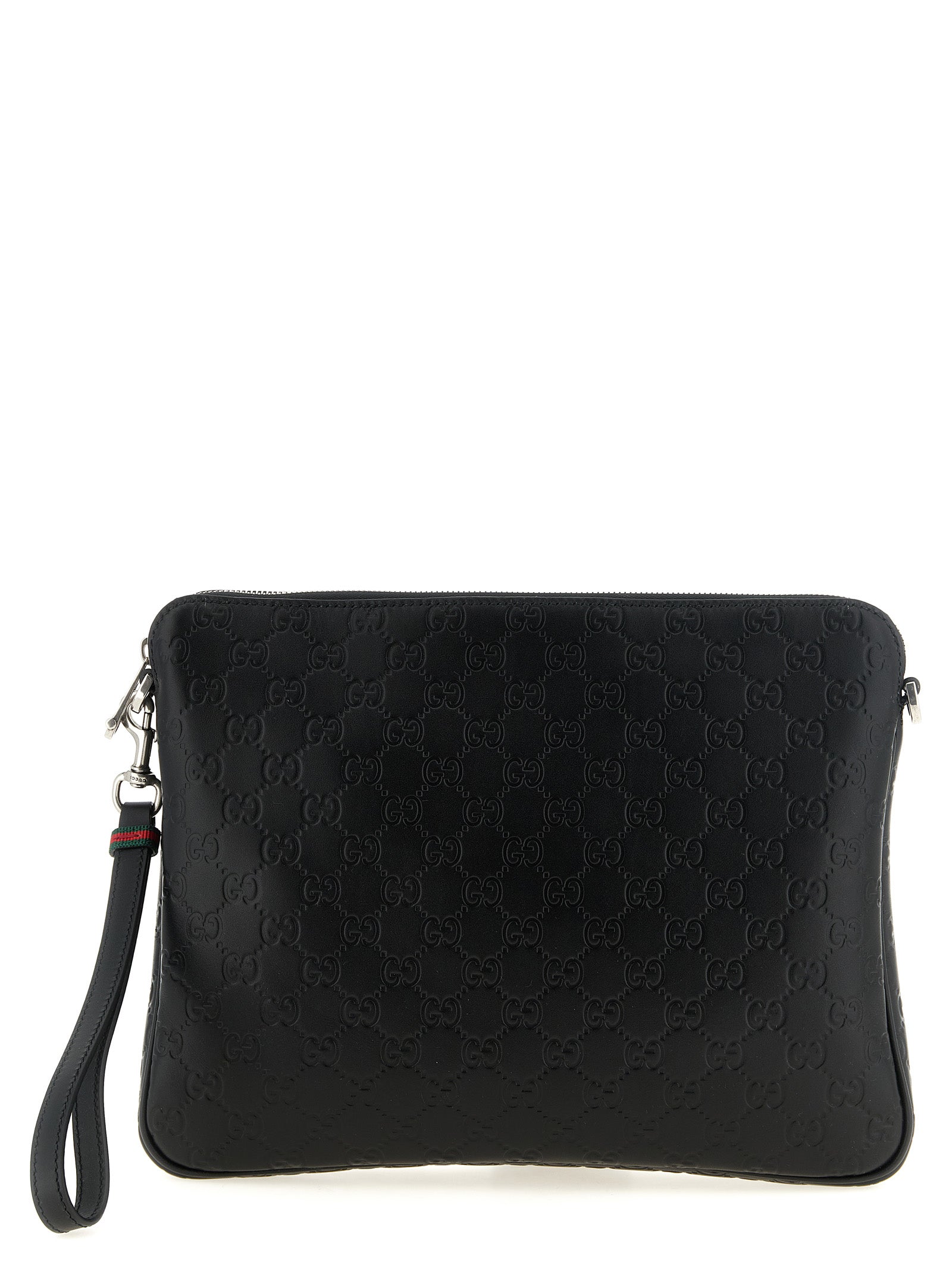 Gucci GG Emblem Medium Crossbody Bag in black embossed GG smooth leather with web detail and detachable canvas shoulder strap.