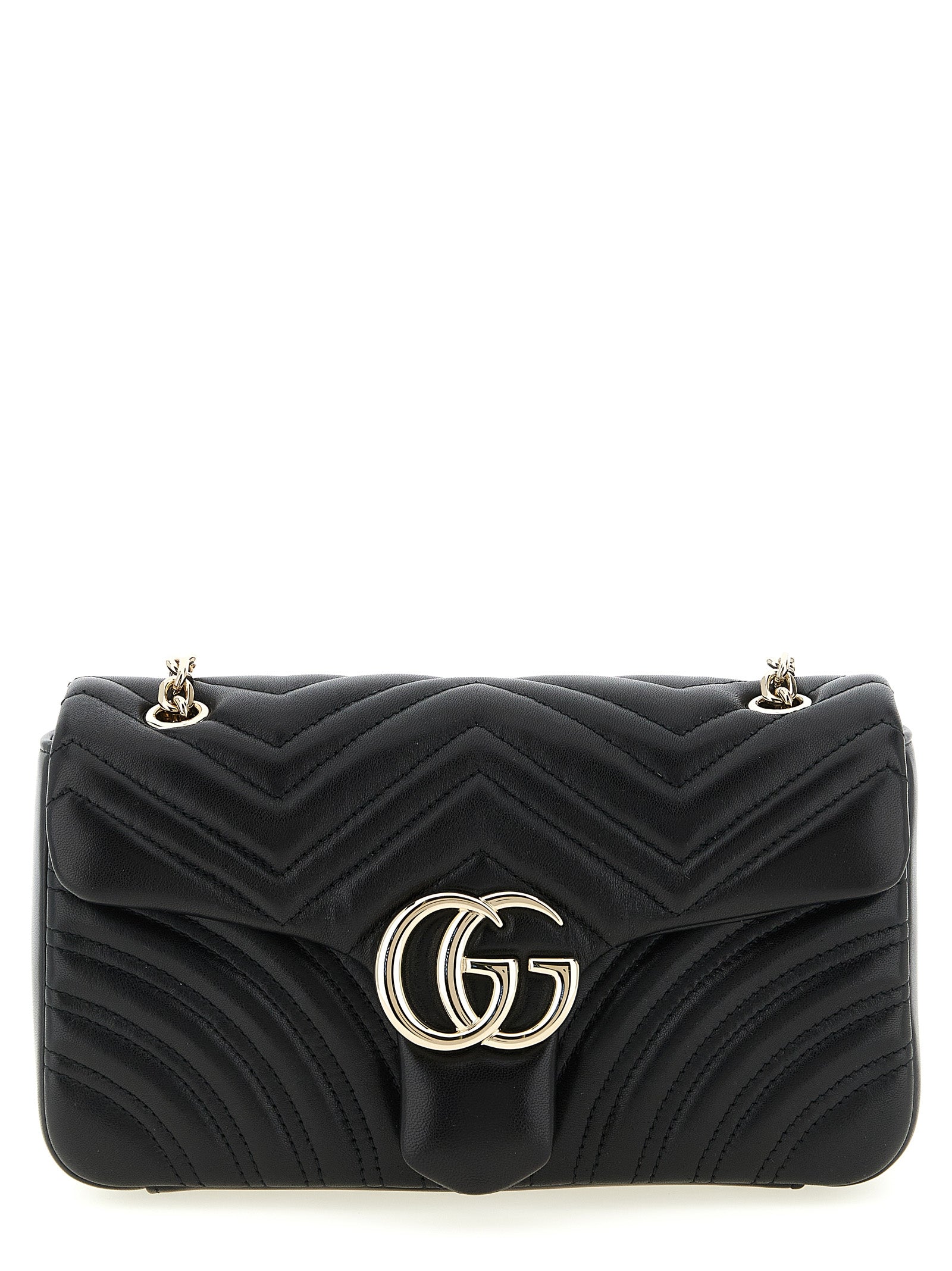 Gucci GG Marmont Medium Shoulder Bag in black chevron matelassé lambskin leather with light gold-toned Double G hardware.