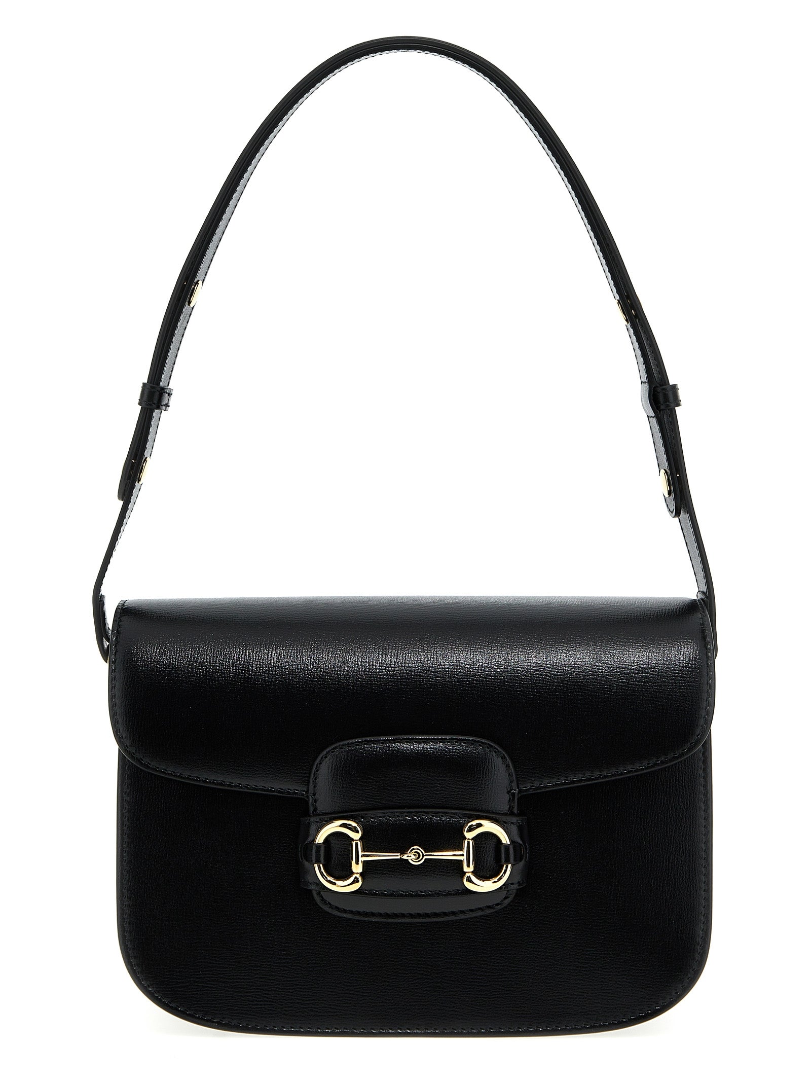 Gucci Horsebit 1955 Medium Shoulder Bag in black vintage-effect textured leather with gold-toned Horsebit hardware.