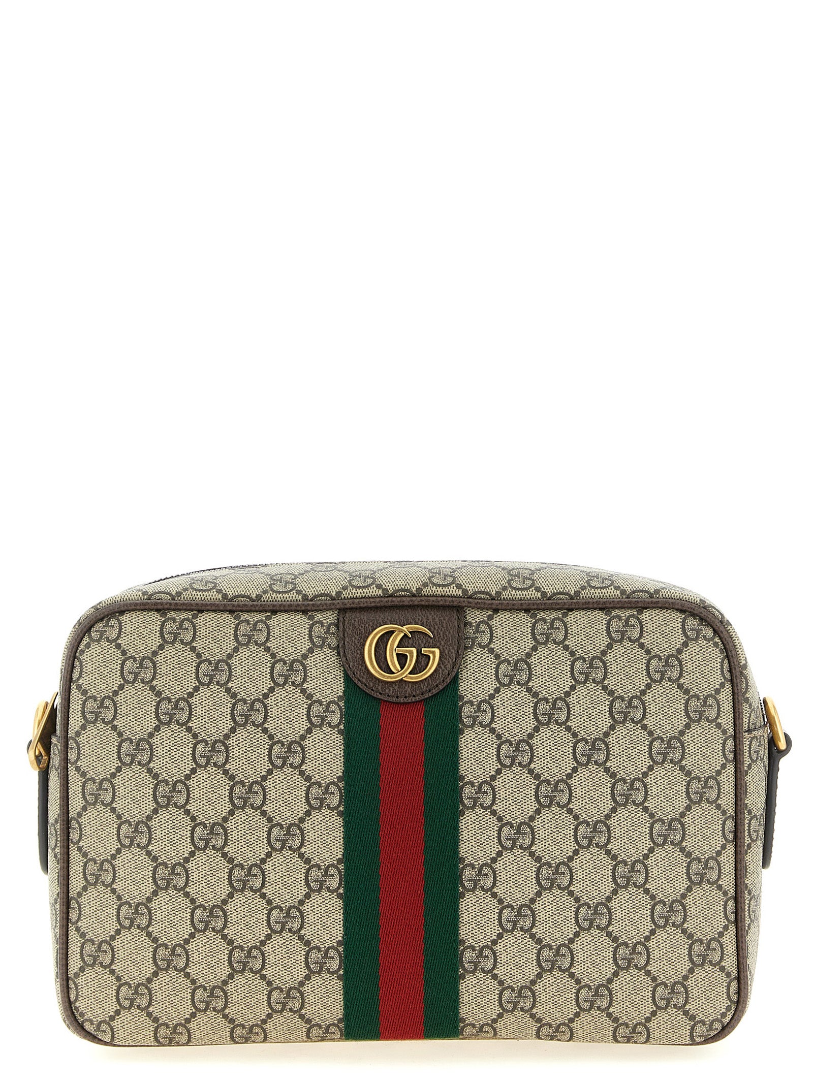 Gucci Ophidia Medium Crossbody Bag in beige and dark brown GG monogram coated fabric with green and red Web stripe and gold-toned Double G hardware.