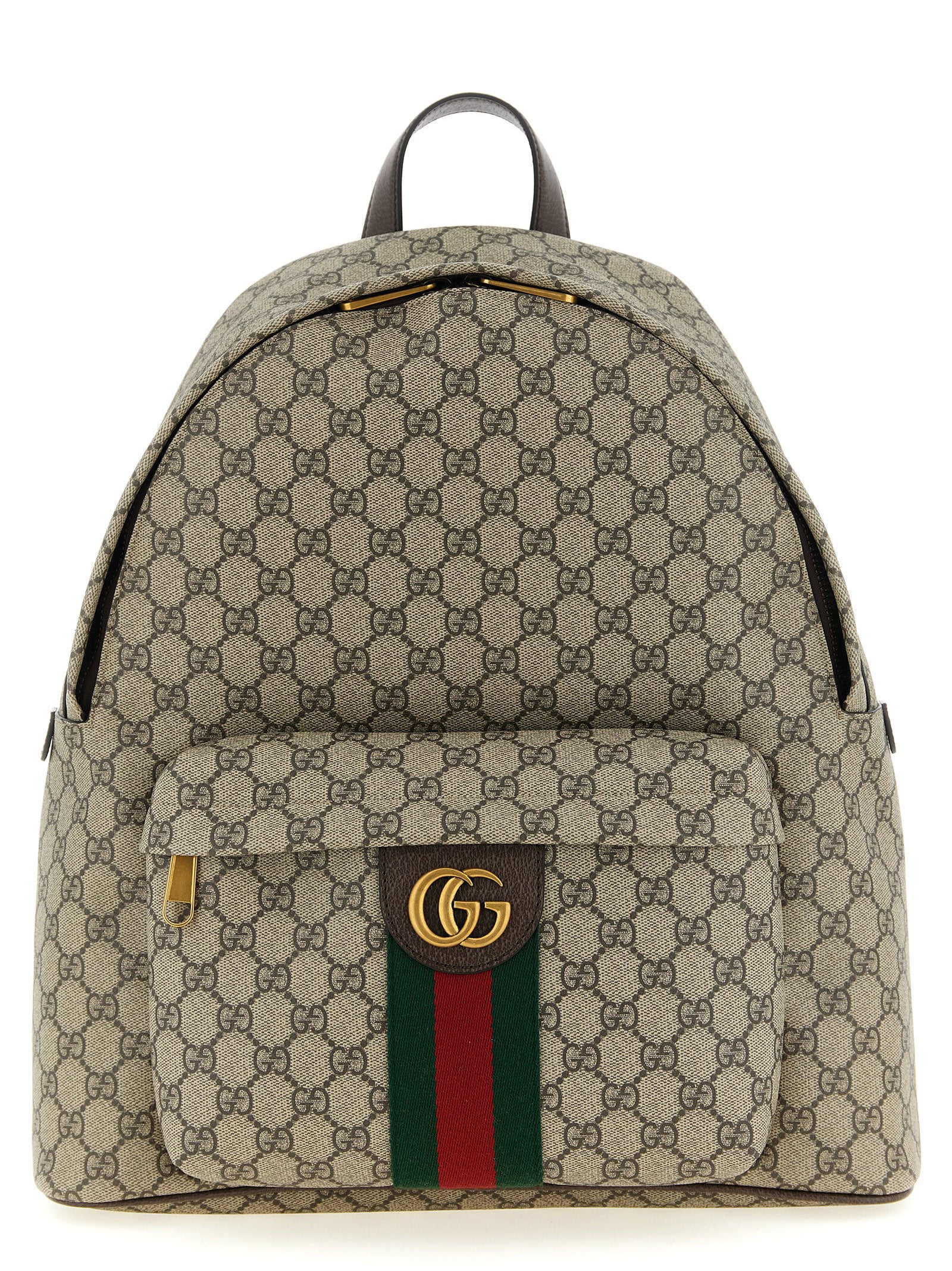 Gucci Ophidia Men's Medium Backpack in beige and brown GG monogram coated fabric with signature green and red Web stripe and gold Double G logo.
