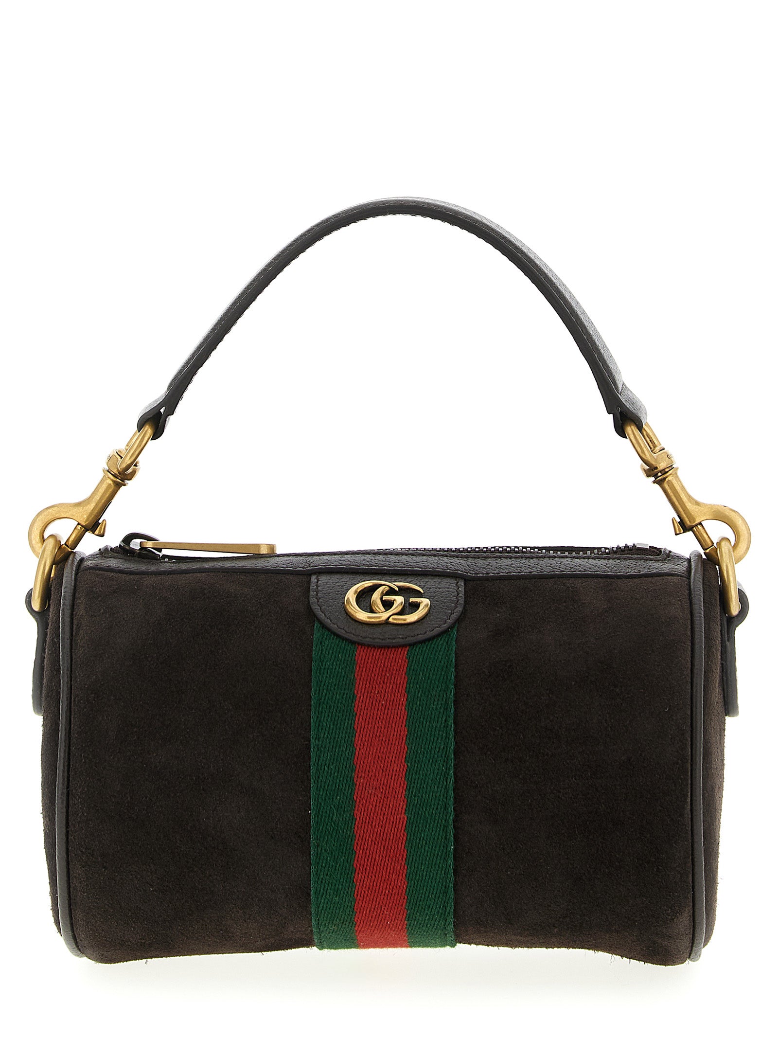 Gucci Ophidia Mini Bag in dark brown suede with smooth leather trim, signature Web ribbon, and antiqued gold Double G detail.