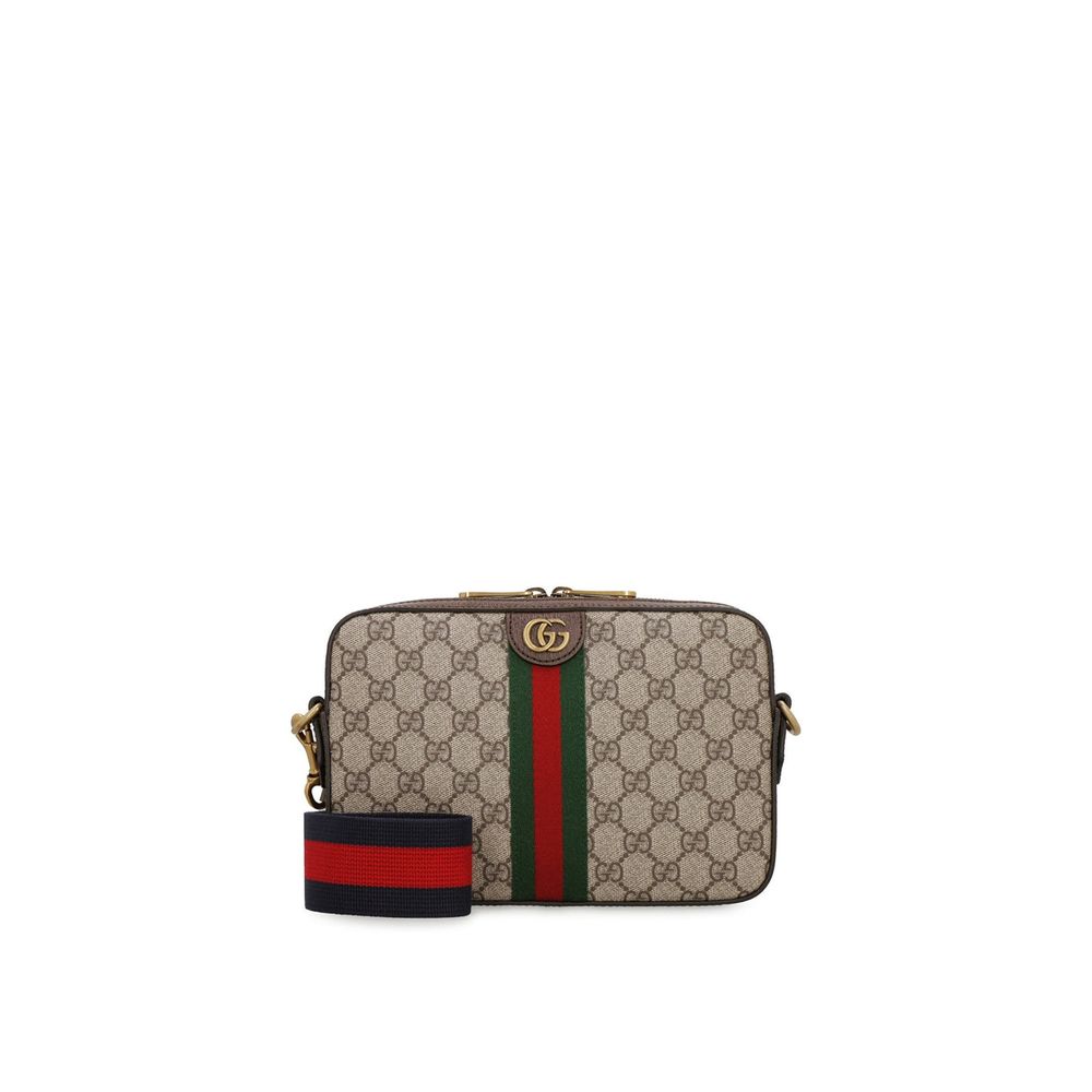 Gucci Ophidia Small Men's Crossbody Bag in beige and brown GG monogram coated fabric with green and red Web stripe and detachable leather handle.
