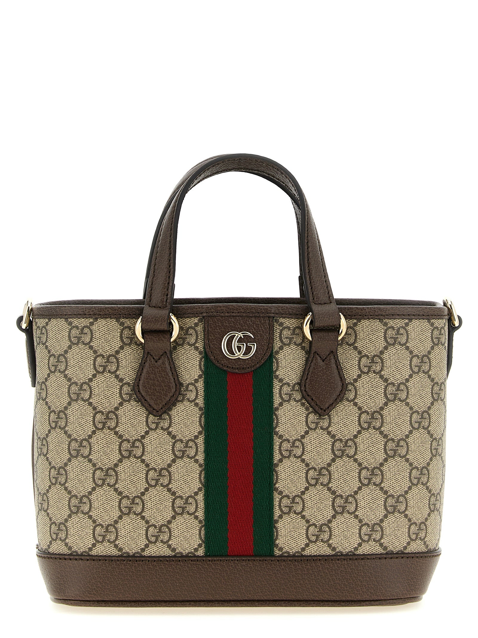Gucci Ophidia Small Tote Bag in beige and brown GG Monogram coated fabric with iconic Web stripe and gold Double G hardware.
