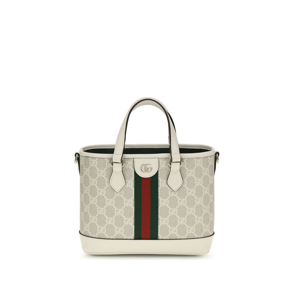 Gucci Ophidia Small Tote Bag in beige and white GG canvas featuring white leather trim, the classic Web stripe, and light gold-toned Double G hardware.