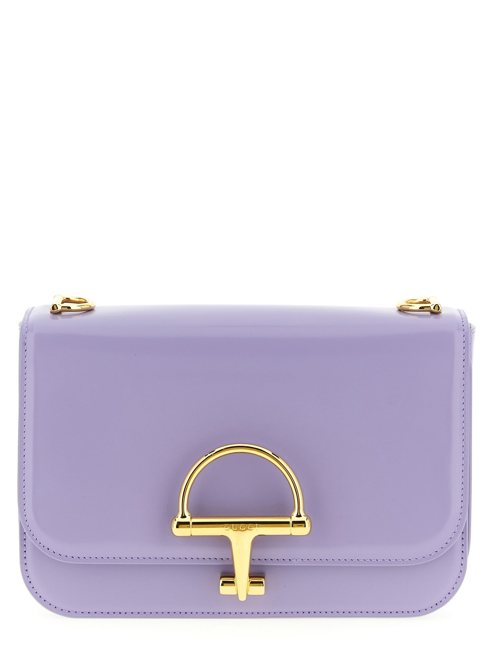 Gucci Siena Crossbody Bag in lilac calfskin leather with gold-toned half-horsebit closure.