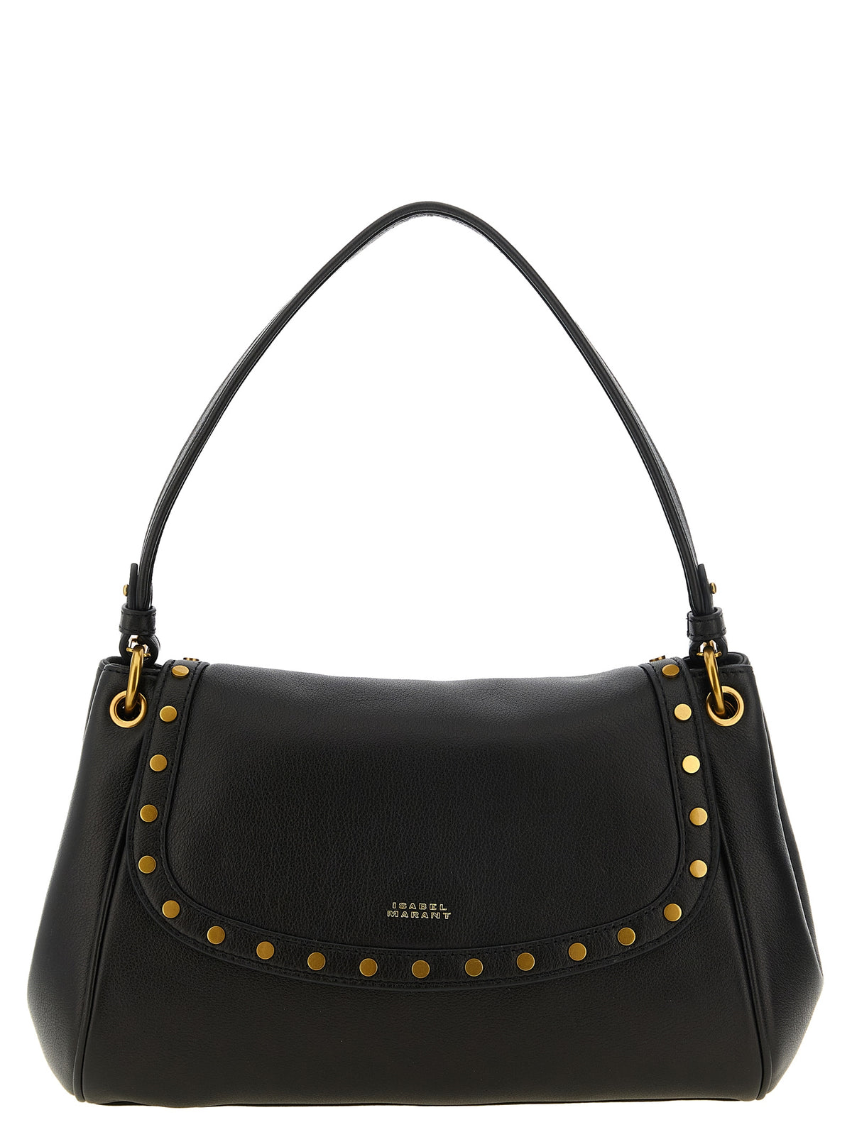 Isabel Marant Chany M Bag in black lambskin leather with gold-tone studs and logo woven canvas strap.