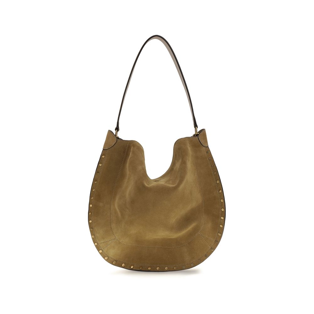 Isabel Marant Oskan Hobo shoulder bag in taupe suede calfskin leather featuring a slouchy silhouette, gold-finish studded edges, and a soft top handle.