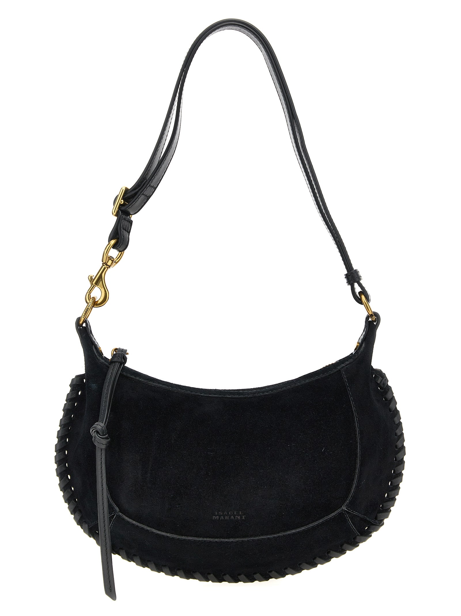 Isabel Marant Oskan Moon black braided suede calfskin leather shoulder bag with gold hardware, curated for The Exclusive Line Singapore.