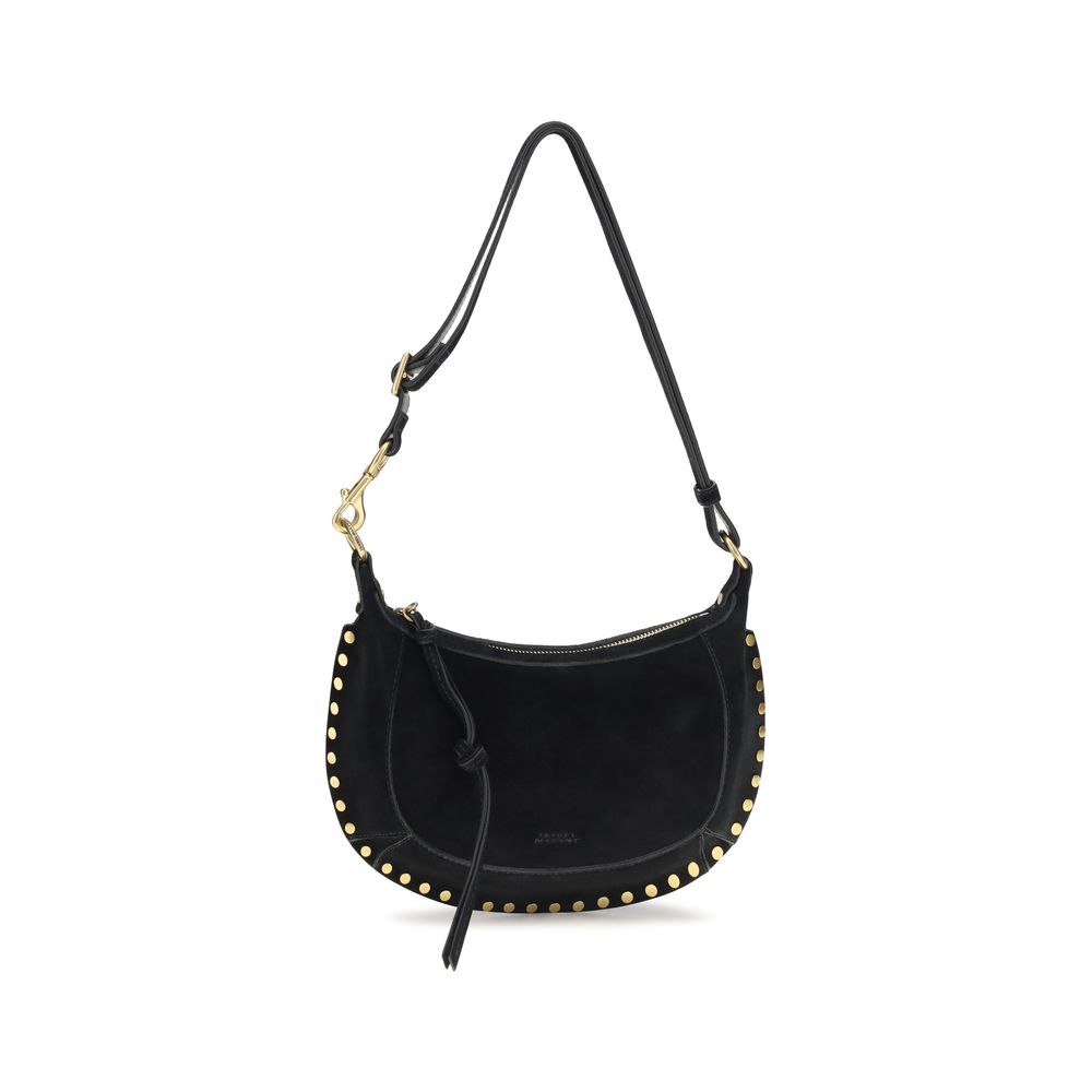 Isabel Marant Oskan Moon baguette shoulder bag in black suede calfskin leather featuring a curved silhouette and metallic studded border trim.