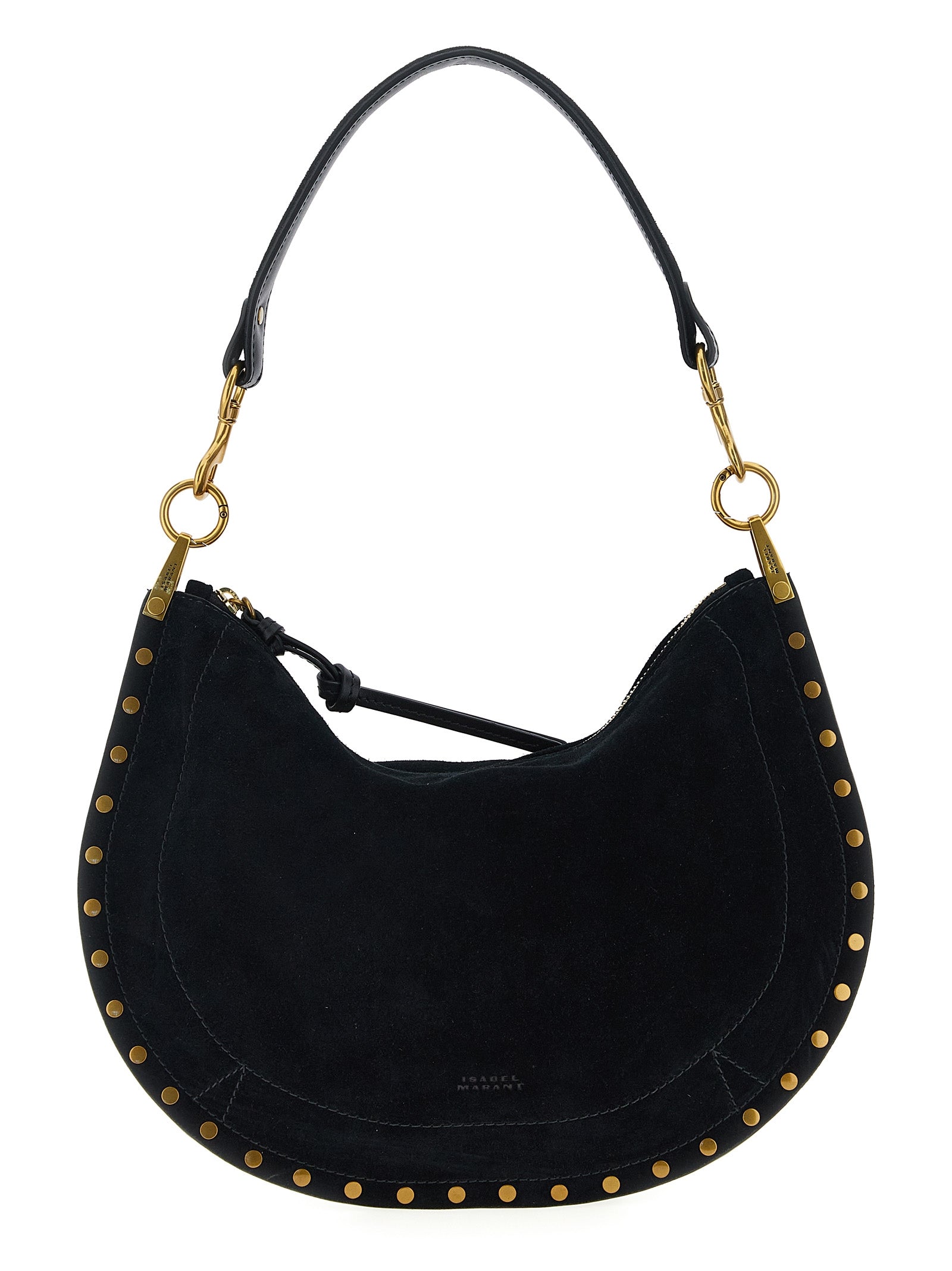 Isabel Marant Oskan Soft Zipped shoulder bag in black suede calfskin leather with braided trim and gold hardware, curated for The Exclusive Line Singapore.
