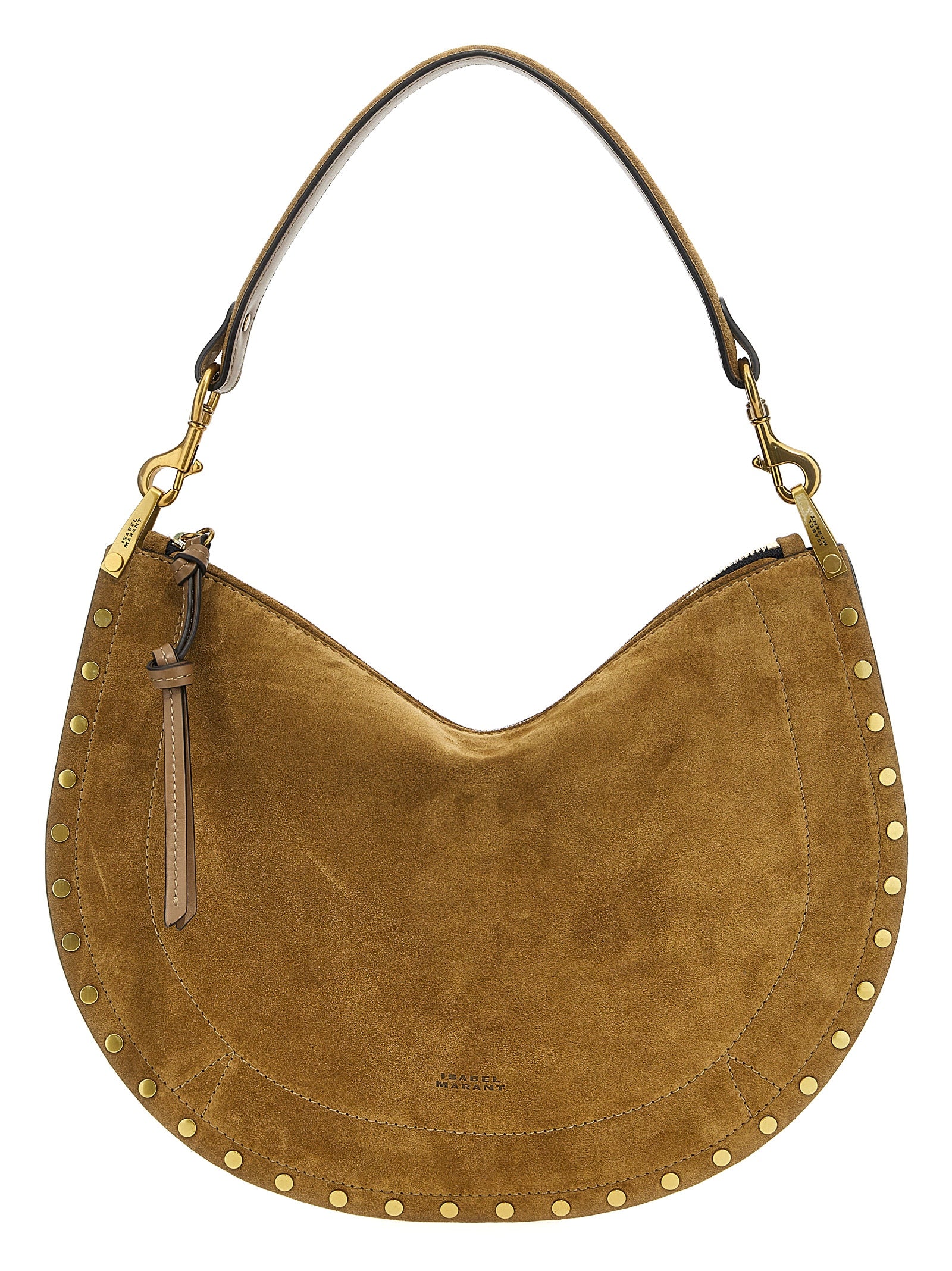 Isabel Marant Oskan Soft Zipped shoulder bag in taupe suede calfskin leather with gold stud detailing, curated for The Exclusive Line Singapore.