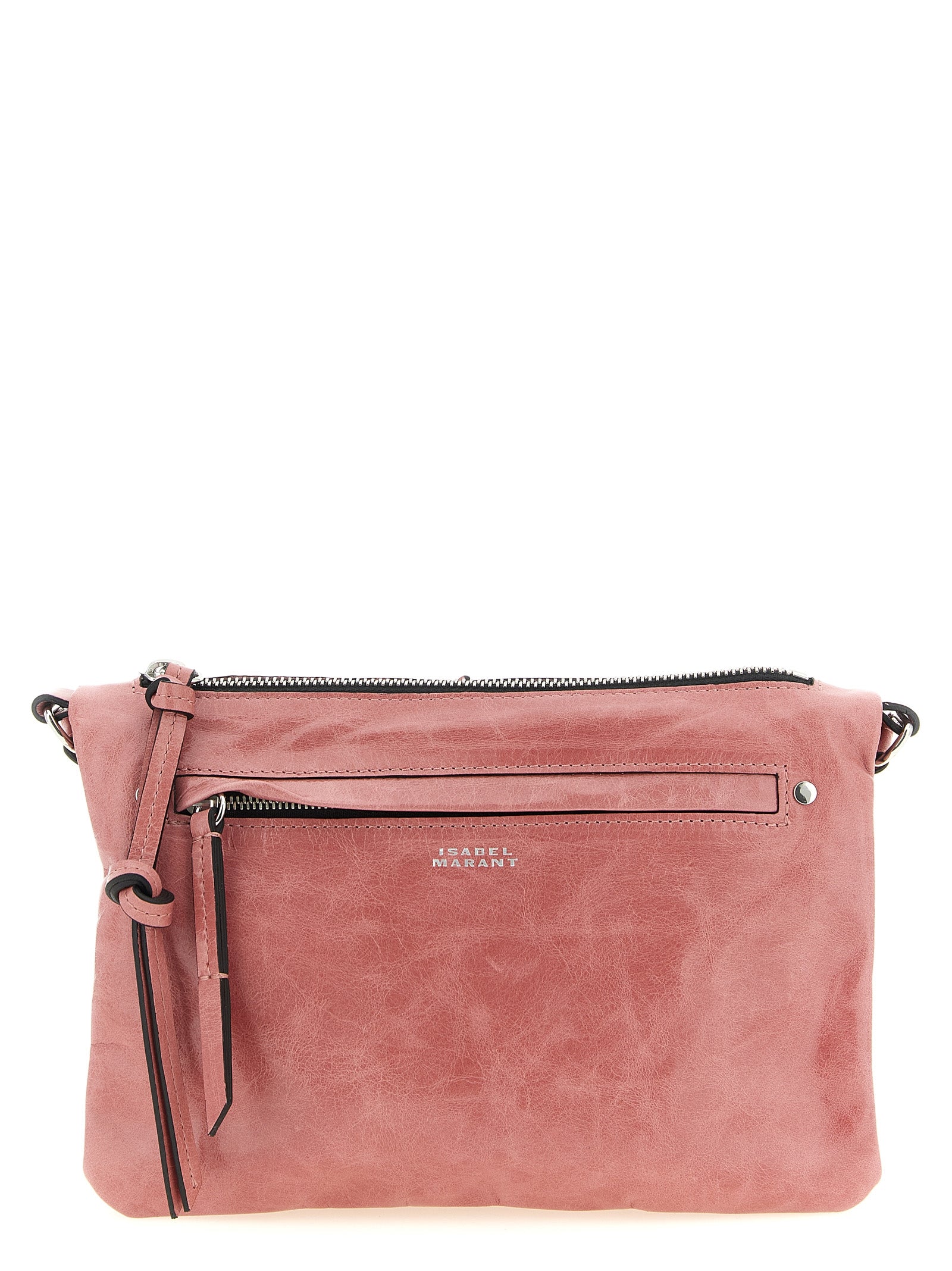 Isabel Marant Winna Duo shoulder bag in salmon pink shiny leather featuring a crossbody strap, available at The Exclusive Line Singapore.