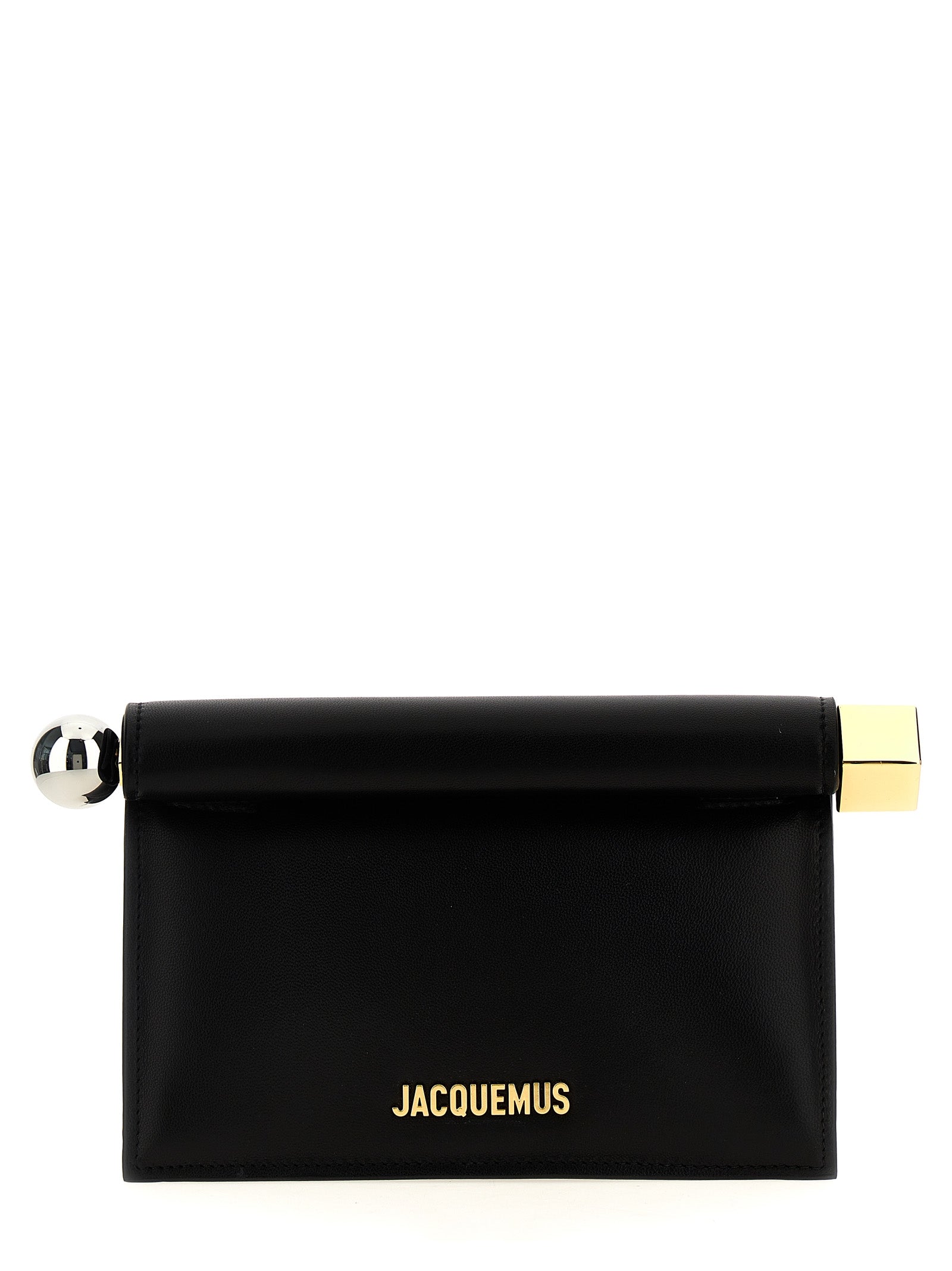 Jacquemus La Petite Pochette Rond Carre black nappa lambskin mini clutch with mixed metal circle and square endings.