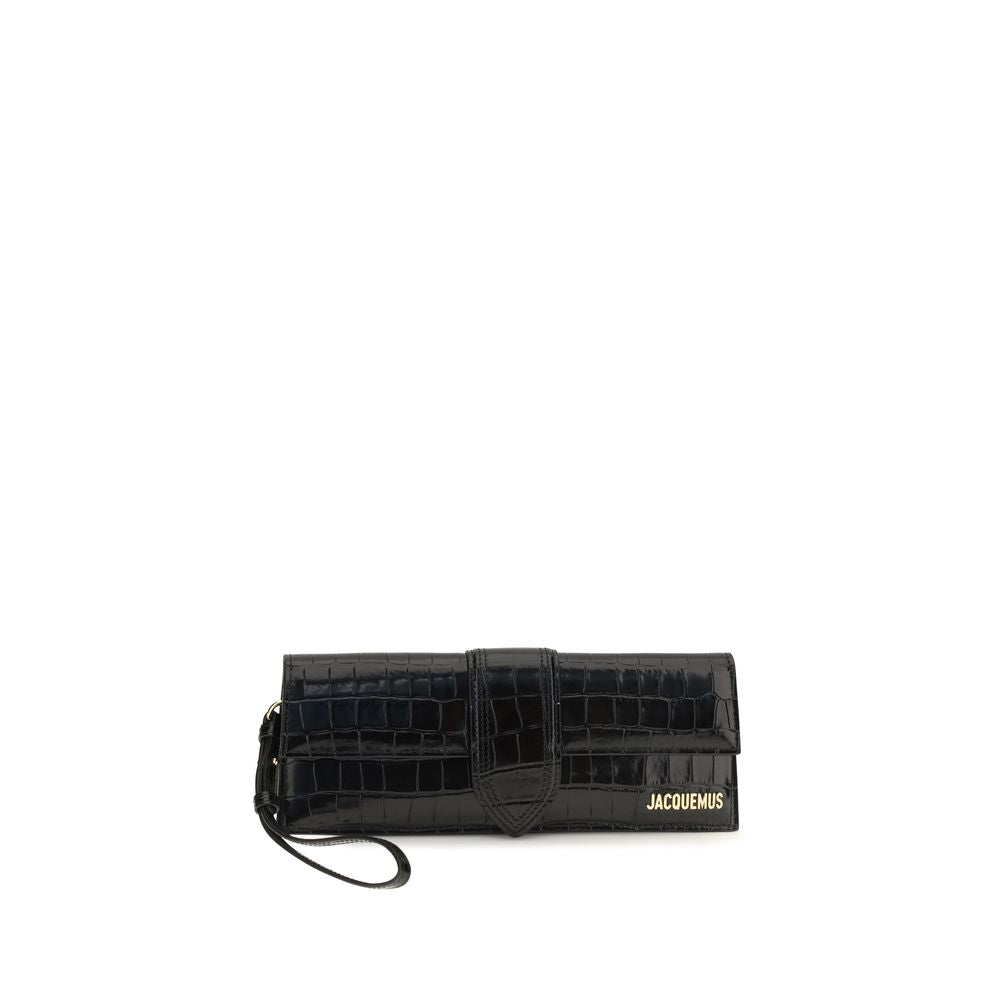 Jacquemus La Pochette Bambino black croc-embossed leather clutch with gold metal logo.
