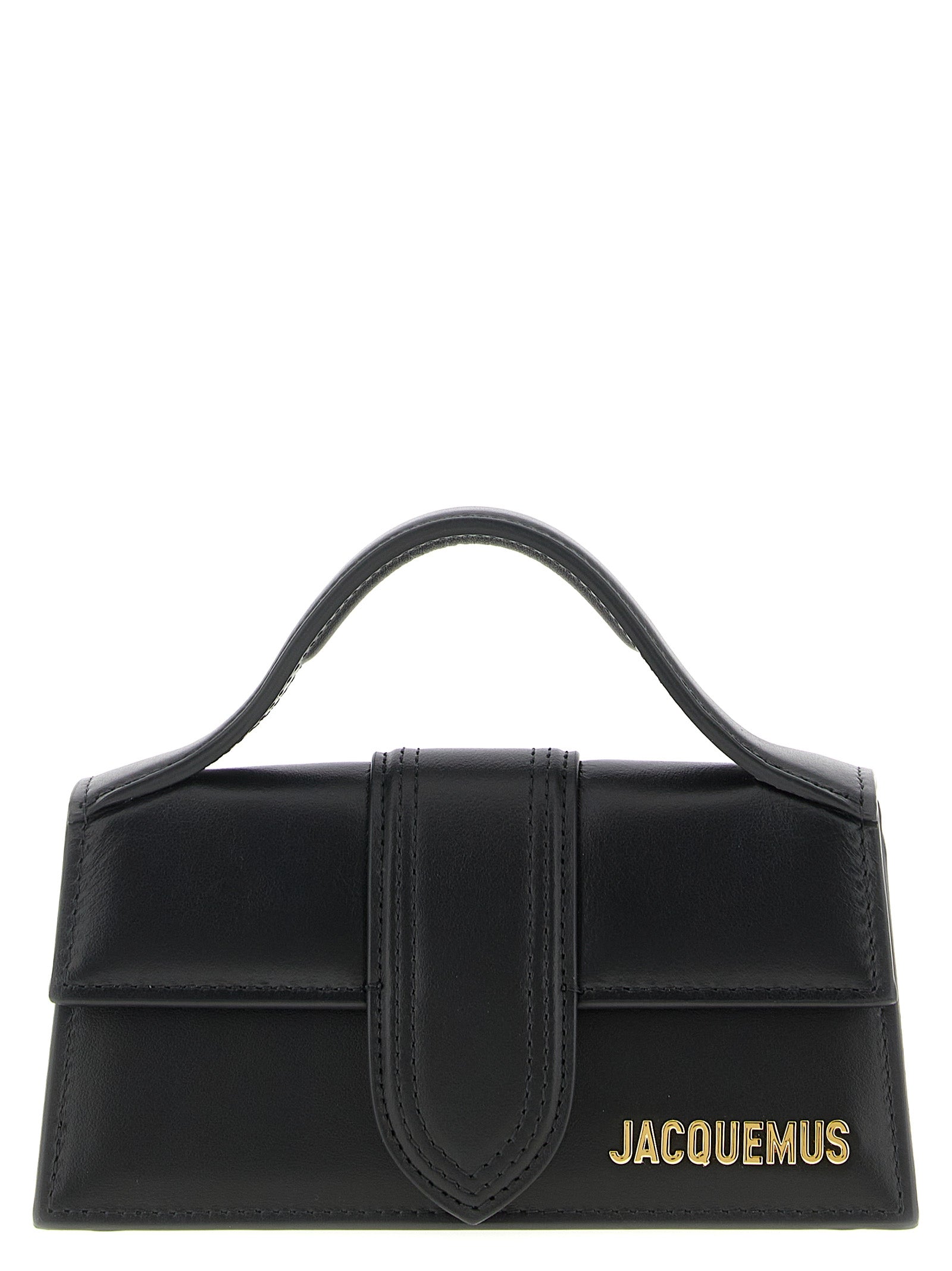 Jacquemus Le Bambino black leather small handbag with gold logo and removable strap.