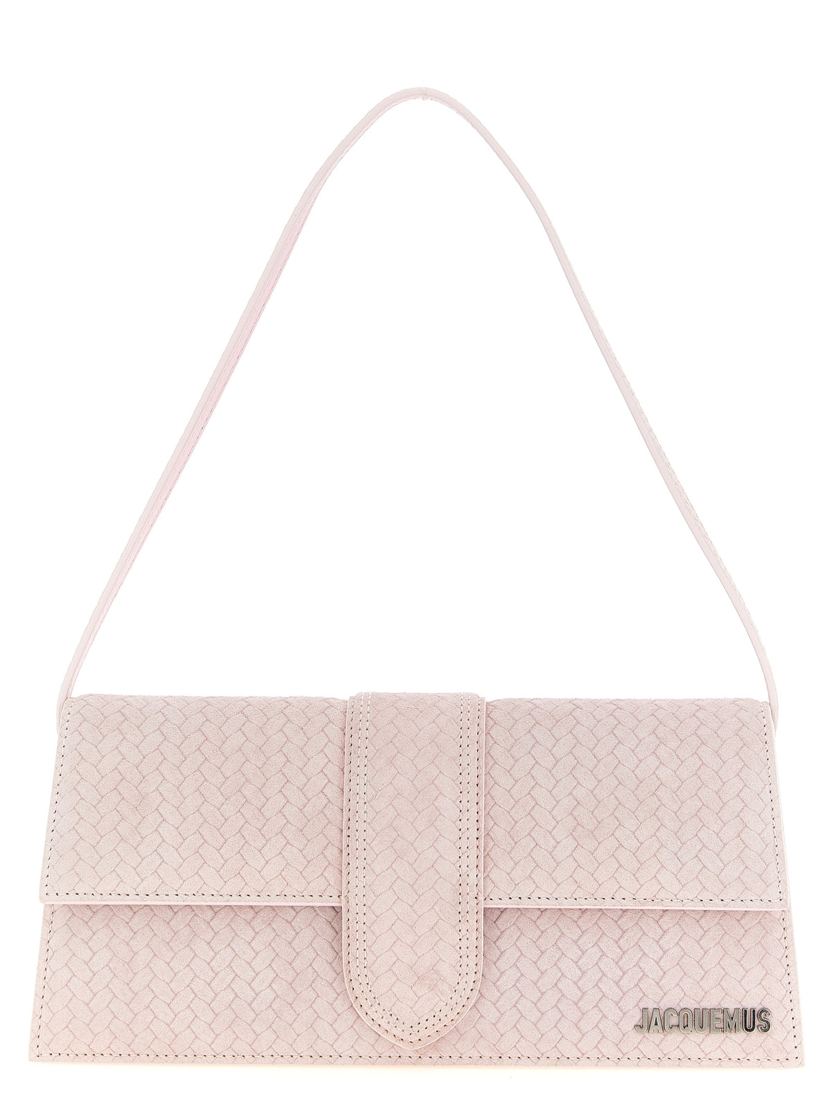Jacquemus Le Bambino Long flap shoulder bag in light pink suede leather with gold-tone logo.