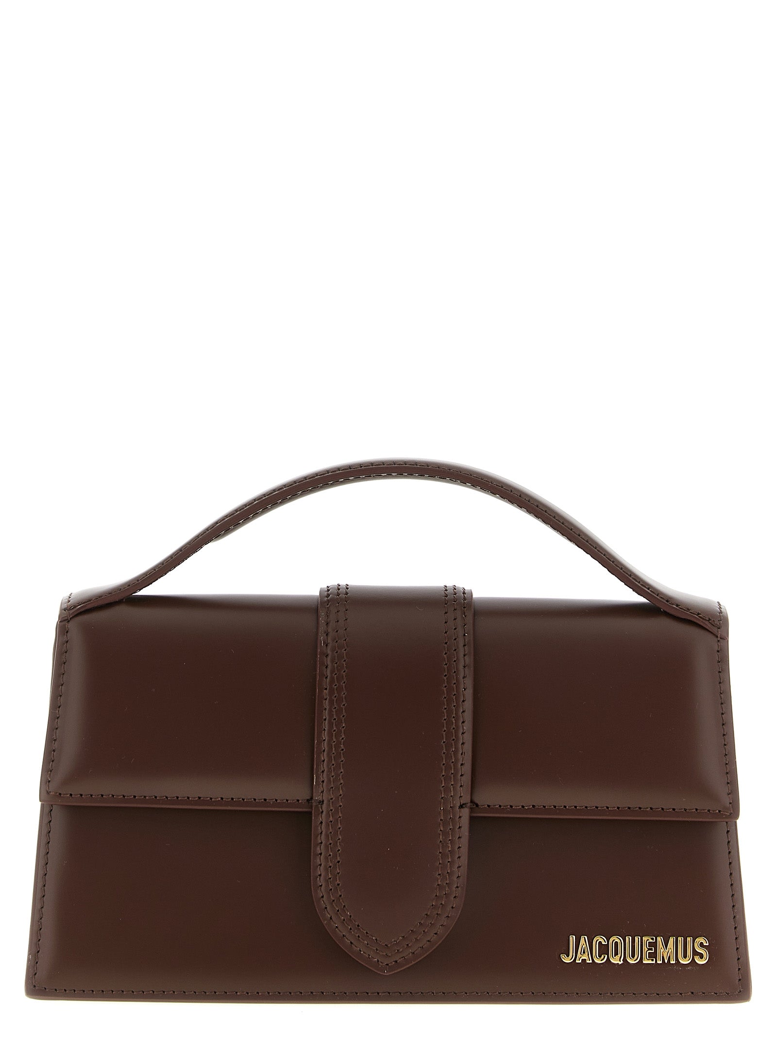 Jacquemus Le Grand Bambino brown leather crossbody bag with gold hardware.