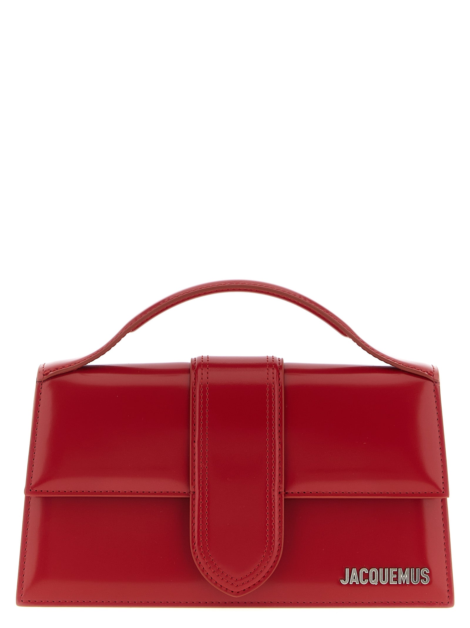 Jacquemus Le Grand Bambino red patent leather crossbody bag with silver hardware.