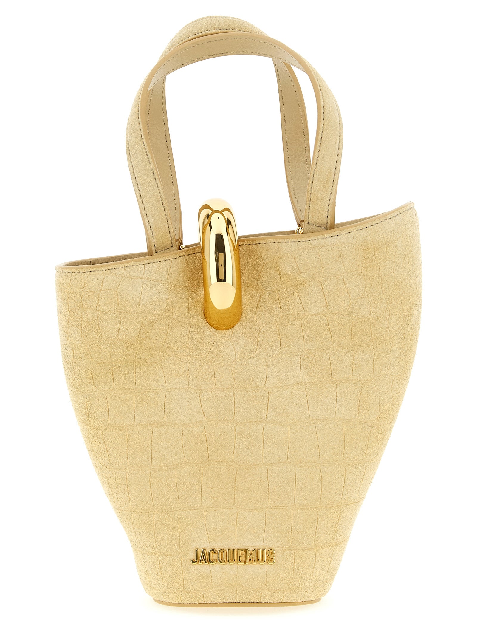 Jacquemus Le Petit Bambola beige suede asymmetric bucket bag with gold plated hardware.