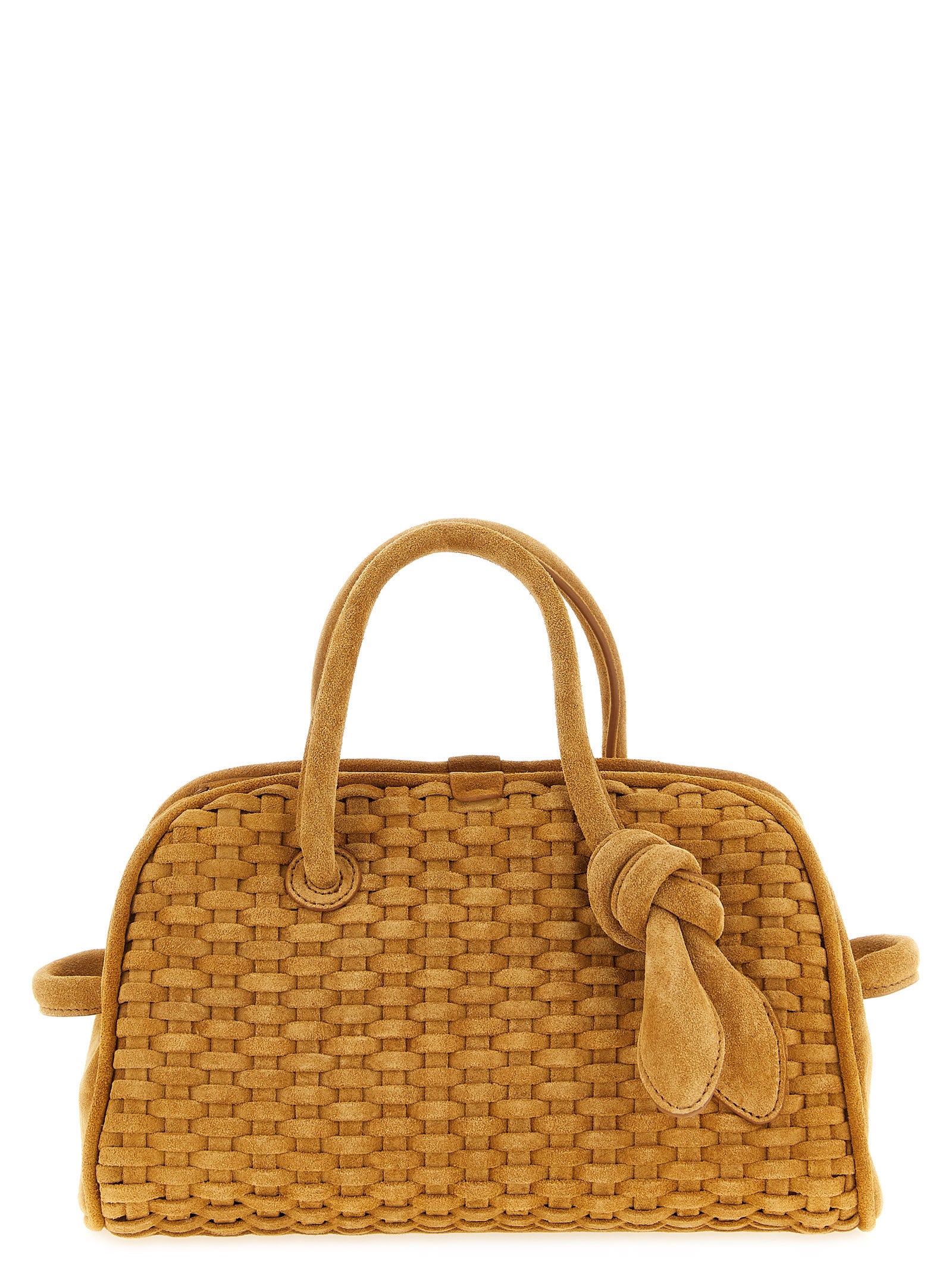 Jacquemus Le Petit Turismo camel braided suede bowling bag with bow detail.