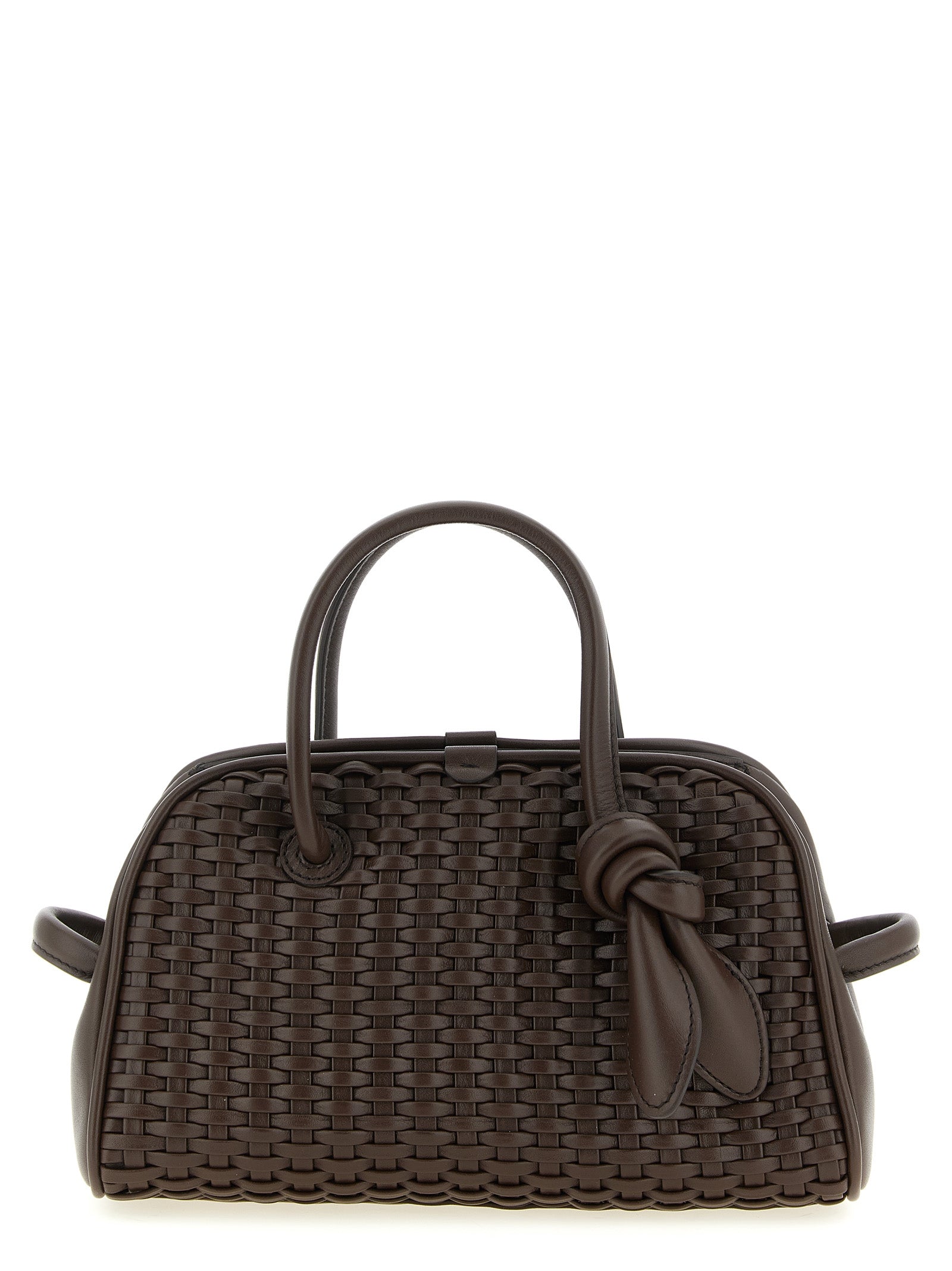 Jacquemus Le Petit Turismo dark brown braided leather bowling bag with bow detail.