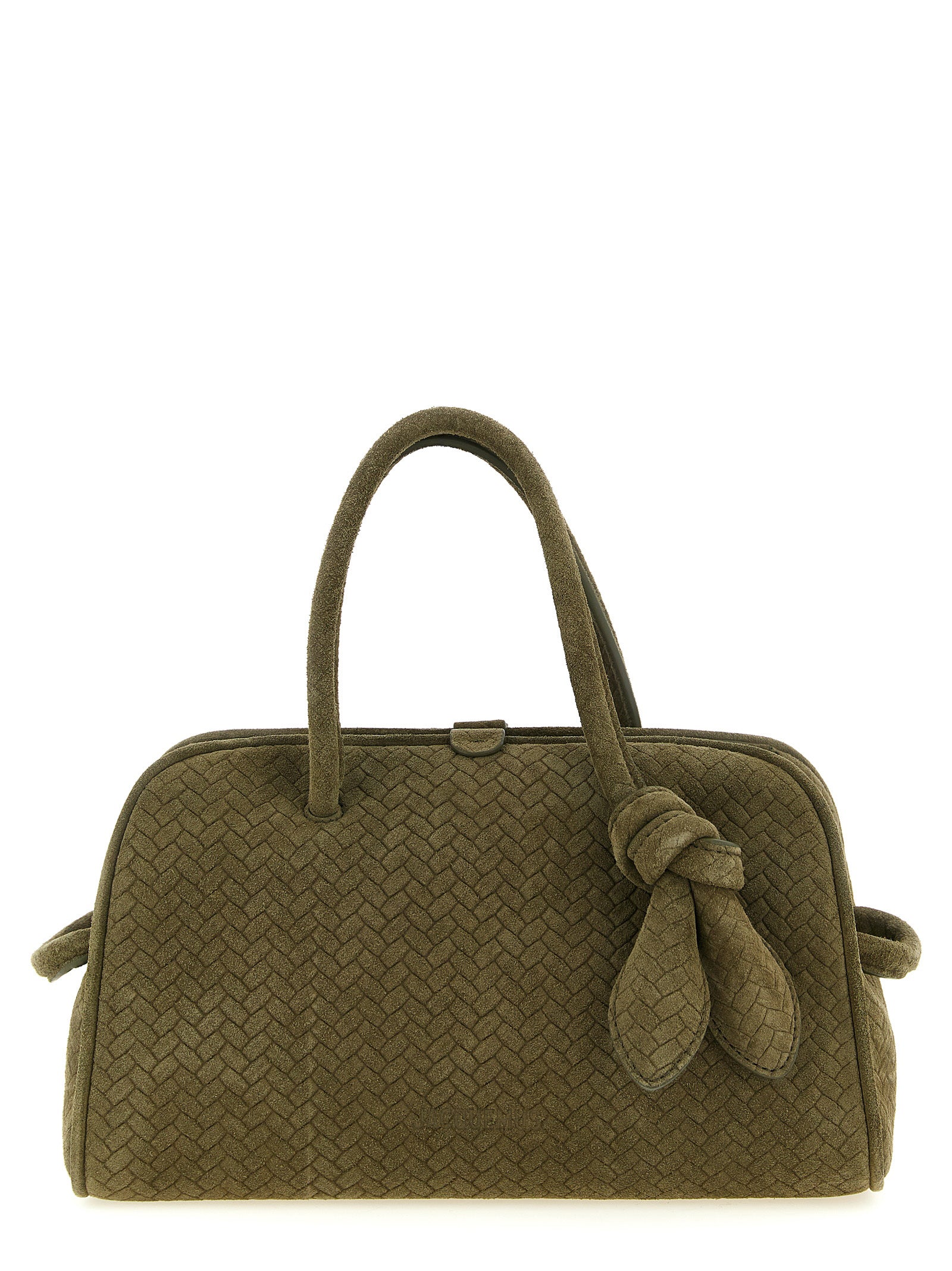 Jacquemus Le Petit Turismo khaki chevron braided suede bowling bag with bow detail.