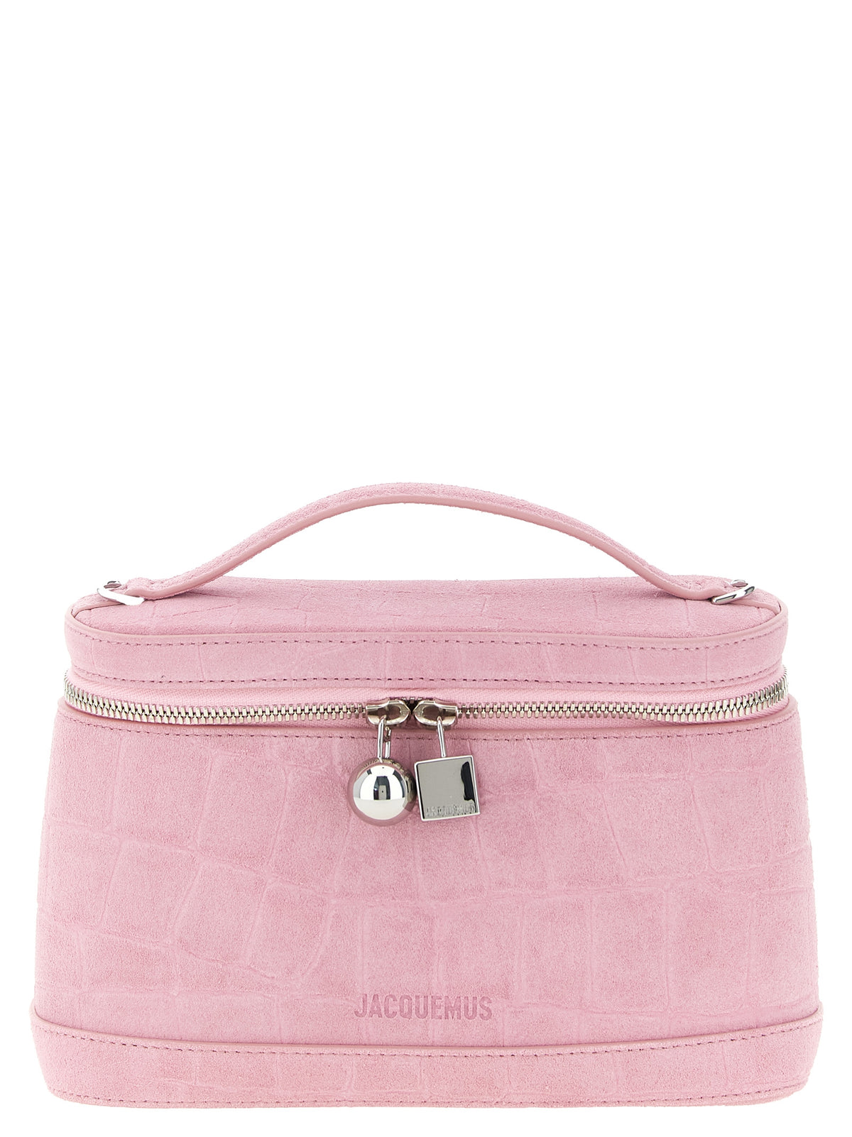 Jacquemus Le Petit Vanity handbag in pink croc-effect suede leather with gold-tone hardware and top handle.