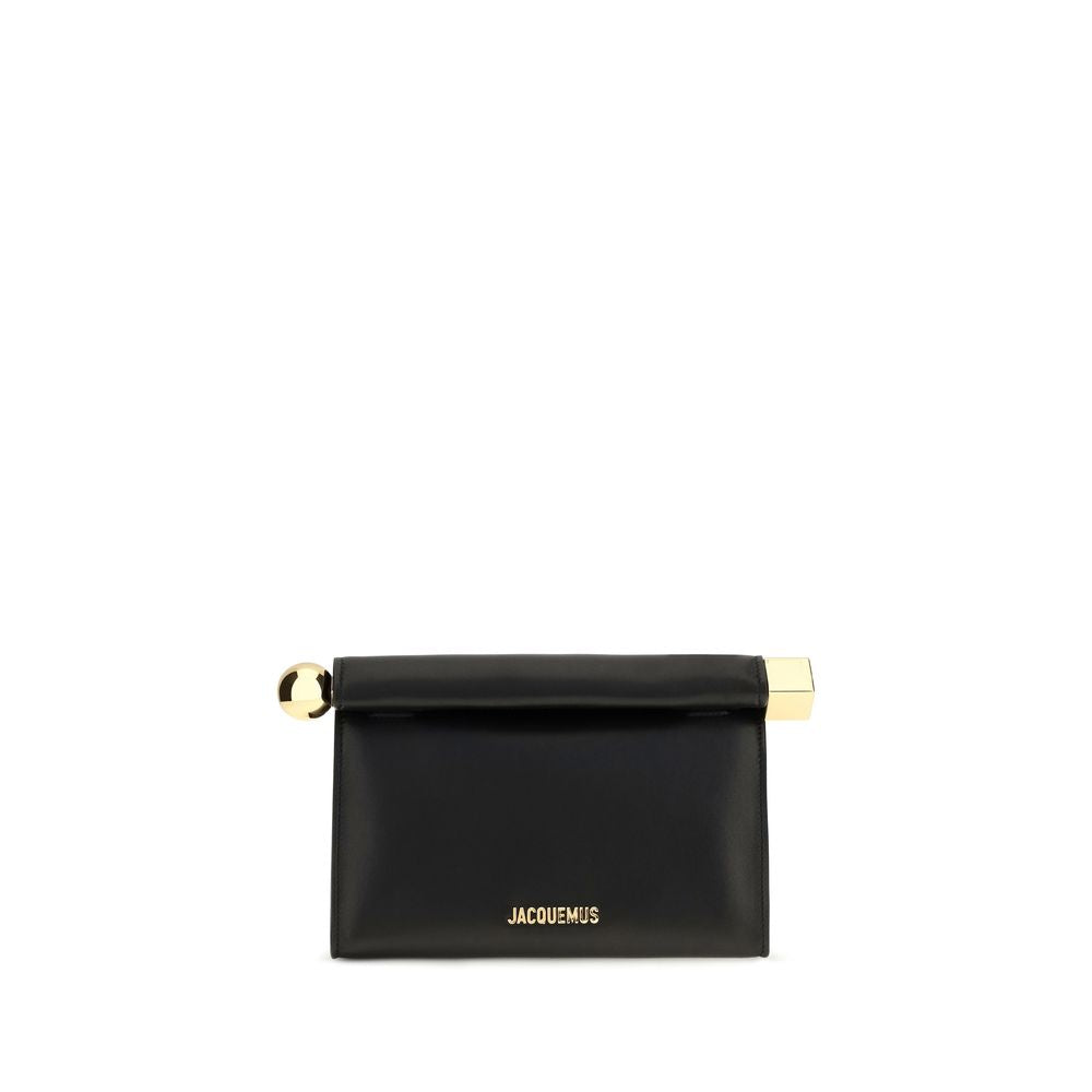 Jacquemus Le Rond Carre black nappa lambskin leather clutch bag with gold sphere and cube clasps.