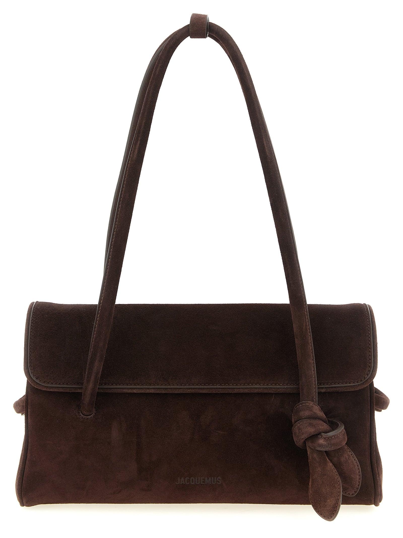 Jacquemus Le Turismo Long dark brown calfskin suede shoulder bag with front knot detail.
