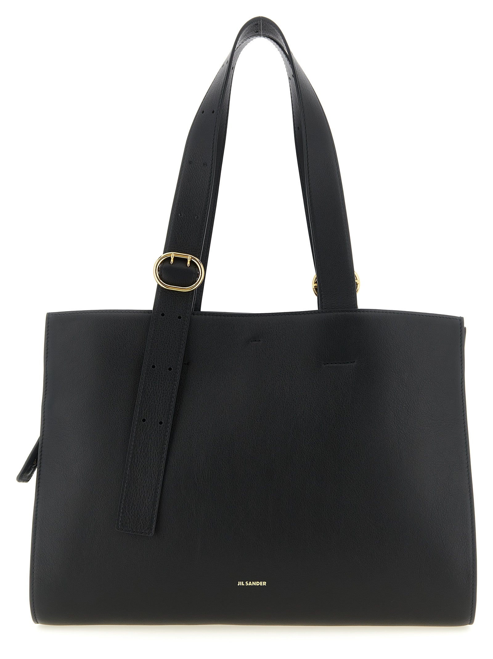 Jil Sander Cannolo East-West Tote Bag in black calf leather with wide horizontal silhouette and adjustable handles.