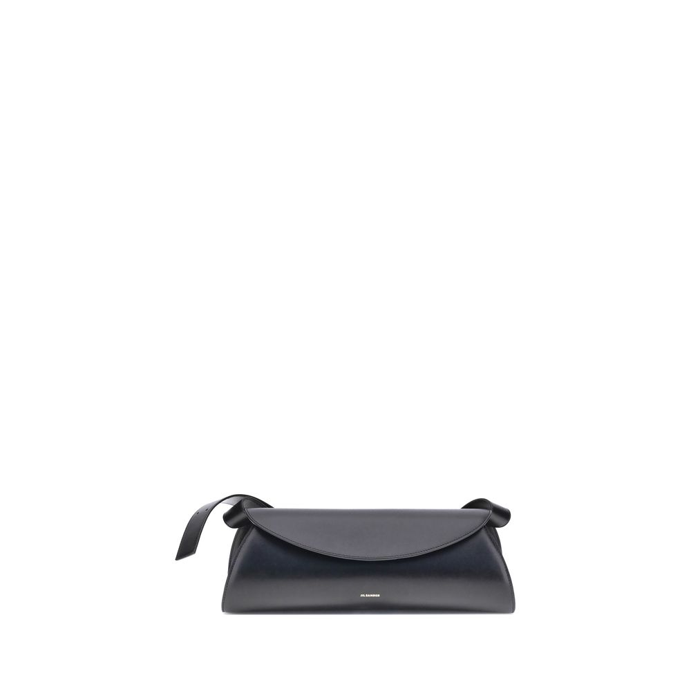 Jil Sander Cannolo Large black leather shoulder bag with adjustable strap and cylindrical design.