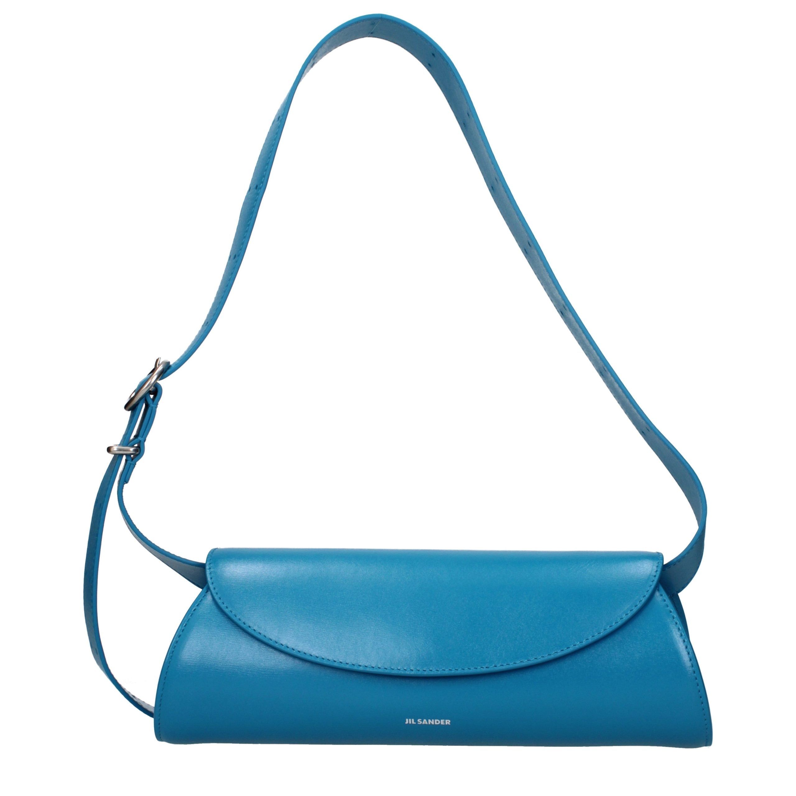 Jil Sander Cannolo Small Bag in blue lagoon calf leather showing its signature cylindrical shape.