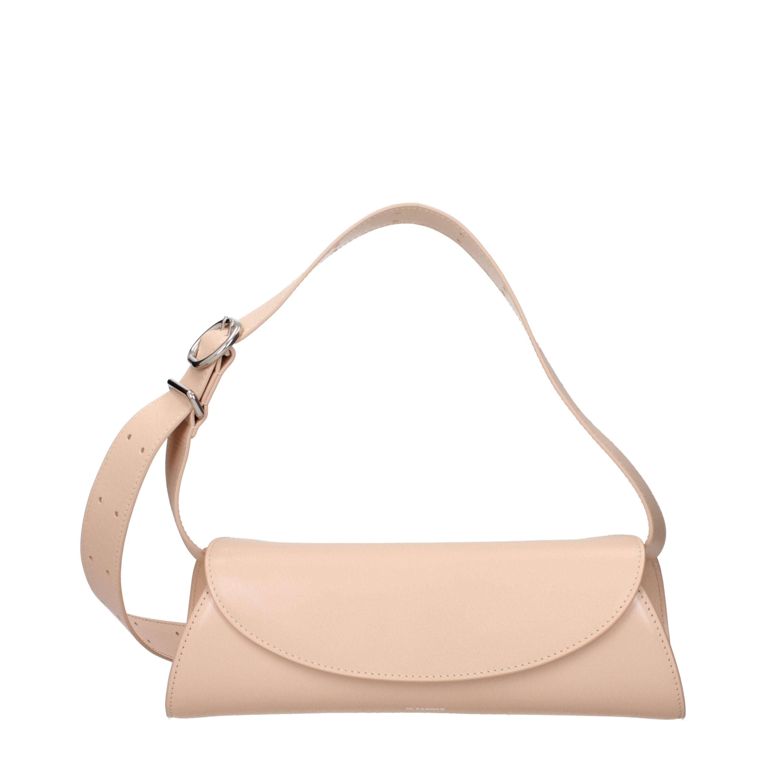 Jil Sander Cannolo Small Bag in blush pink calf leather showing its signature cylindrical shape.