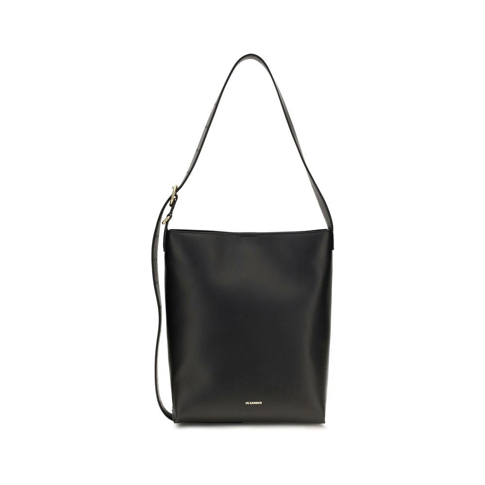 Jil Sander Cannolo Tote Bag in black grainy calfskin leather showing its structured open-top design.