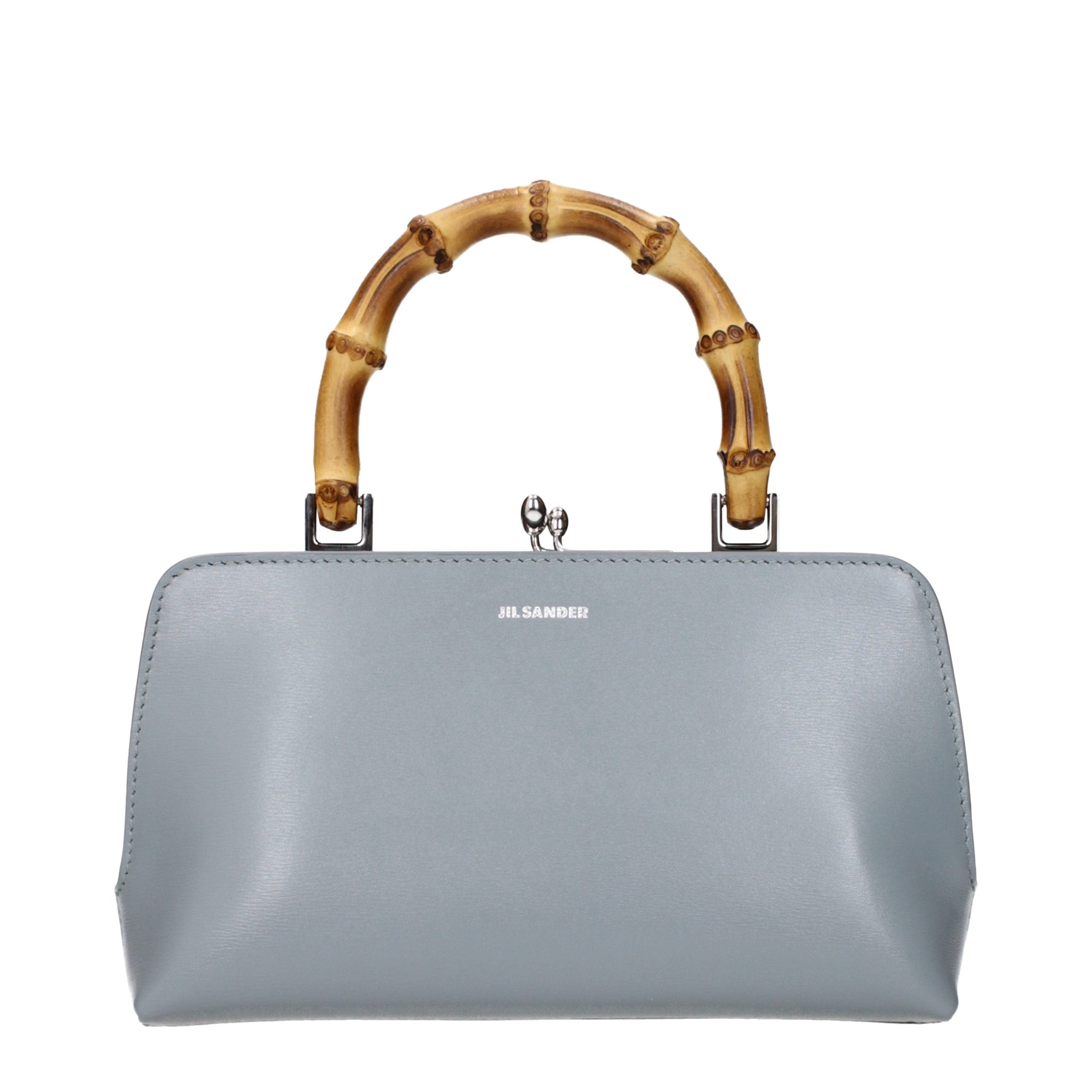 Jil Sander Goji Bamboo Mini Handbag in grey calf leather with natural bamboo top handle.