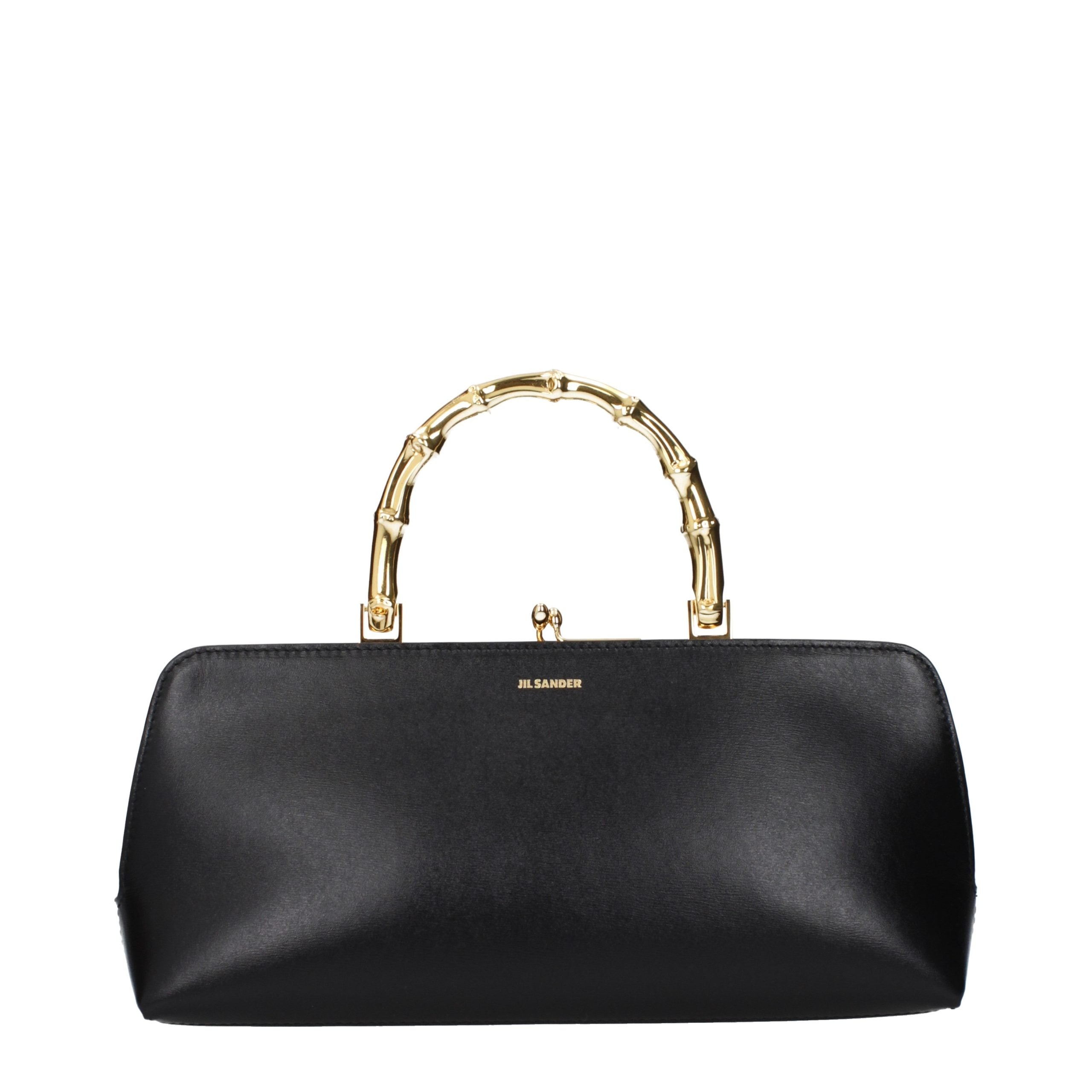 Jil Sander Goji Small Black Leather Handbag with Gold Bamboo Handle and Metal Frame.