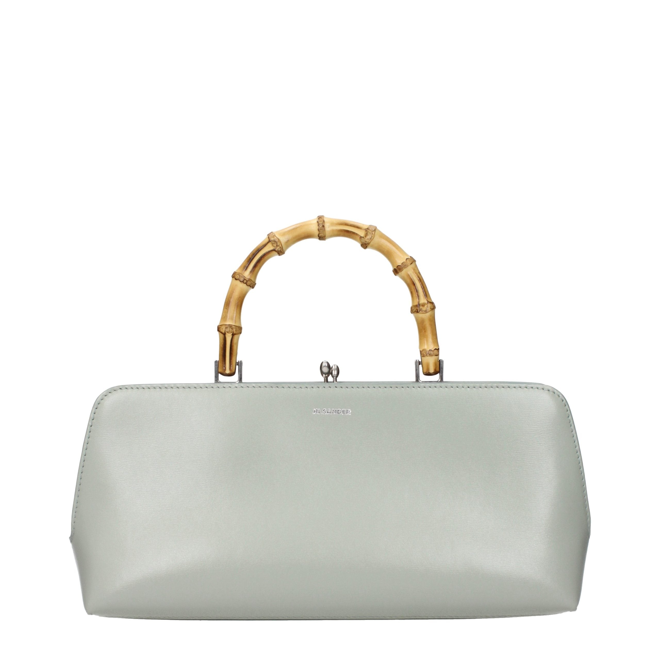Jil Sander Goji Small Mint Green Leather Handbag with Bamboo Handle and Metal Frame.