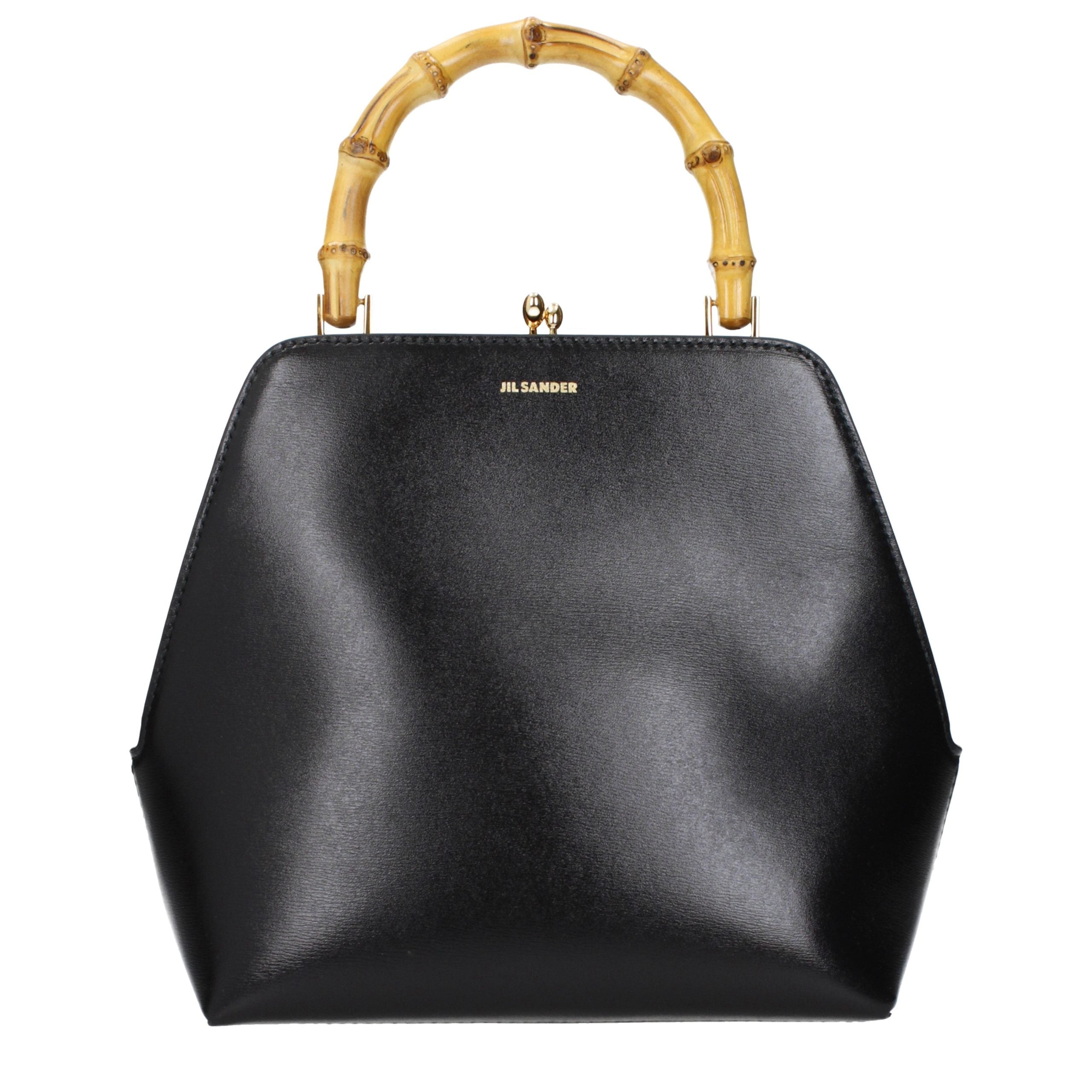 Jil Sander Goji Bamboo Square handbag in black calfskin with bamboo handle and gold hardware.