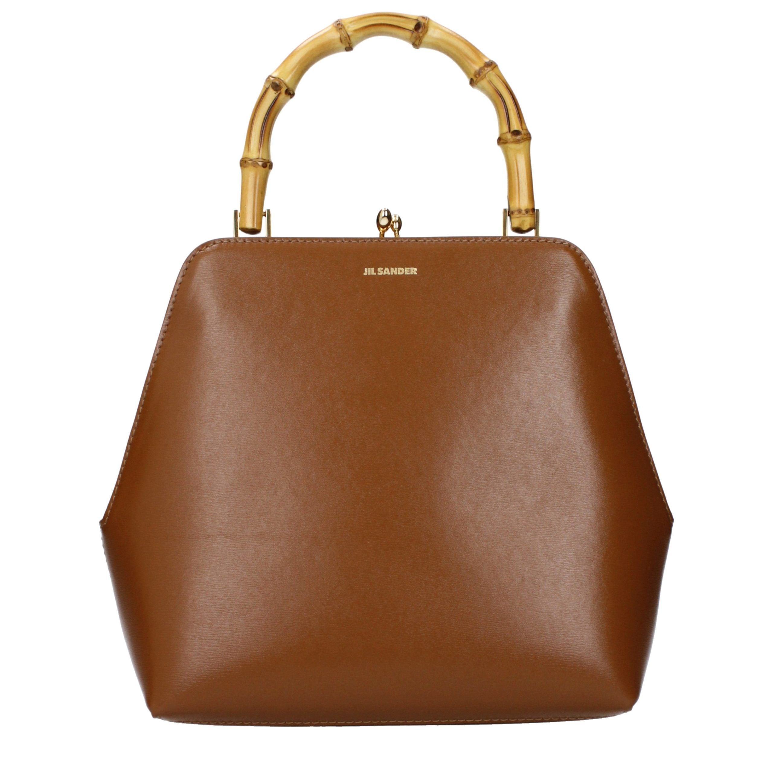 Jil Sander Goji Bamboo Square handbag in brown calfskin with natural bamboo handle and gold hardware.