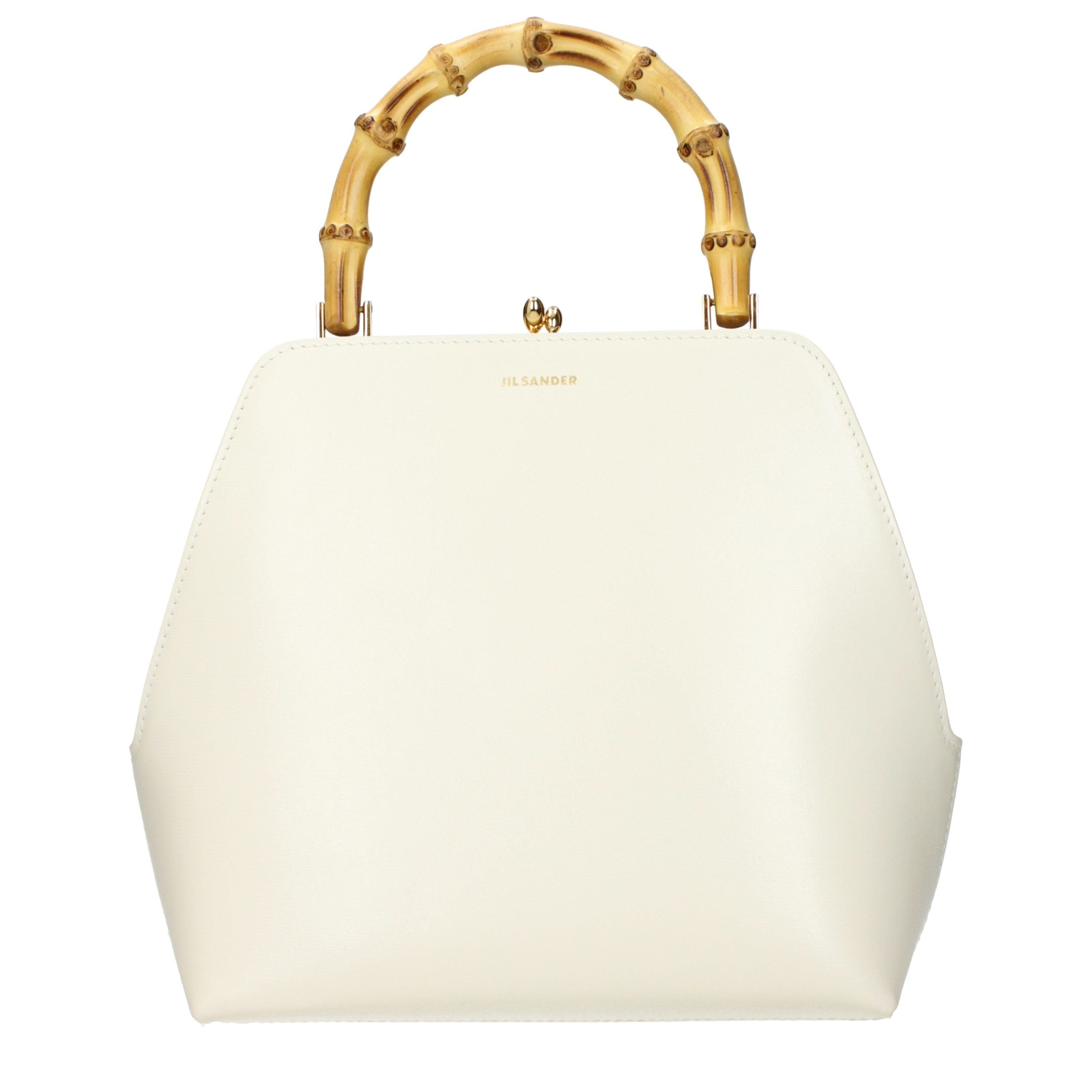 Jil Sander Goji Bamboo Square handbag in white calfskin with bamboo handle and gold hardware.