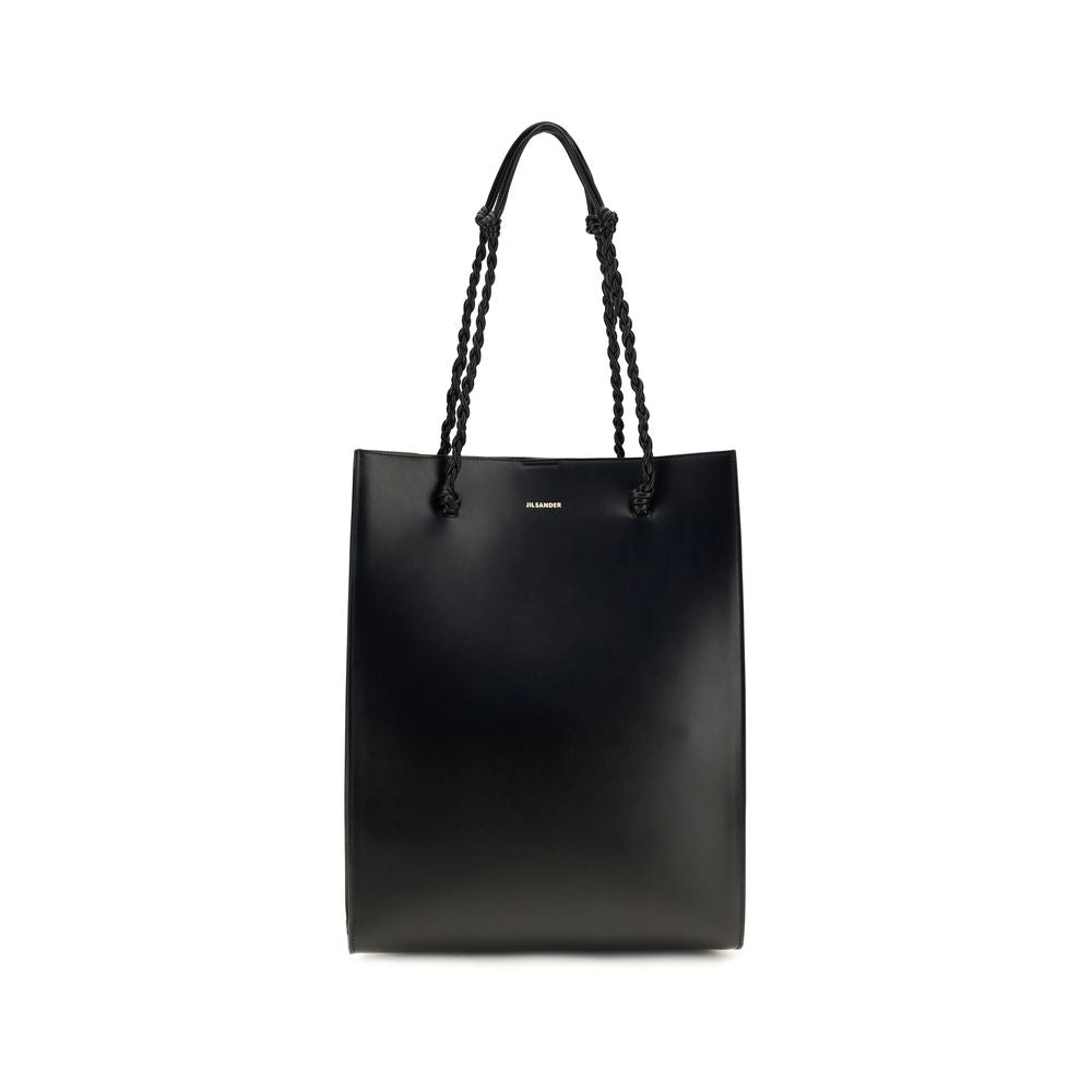 Jil Sander Tangle North South Tote Bag in black calf leather featuring hand-knotted handles.