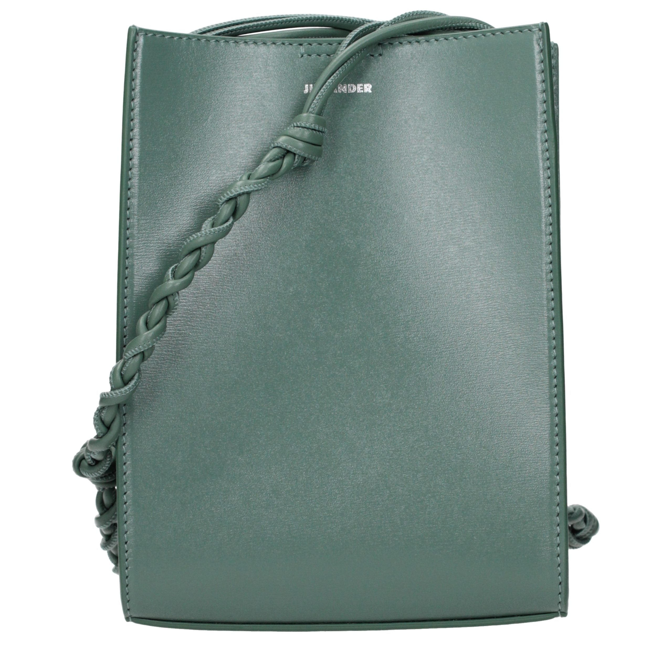 Jil Sander Tangle Small Shoulder Bag in sage green calf leather featuring a hand-knotted shoulder strap.