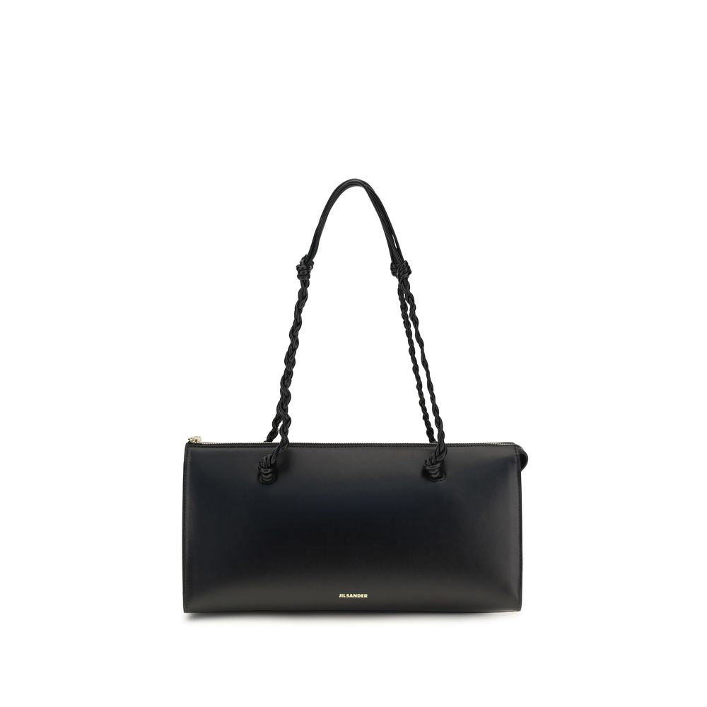 Jil Sander Tangle Tent shoulder bag in black calf leather with distinctive triangular silhouette and hand-knotted handles.