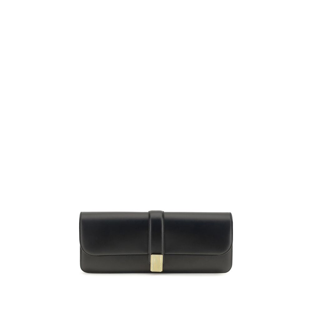 Front view of the elongated black Khaite Blake Clutch Bag in box calfskin featuring the signature 18-karat gold-plated Empire hardware.
