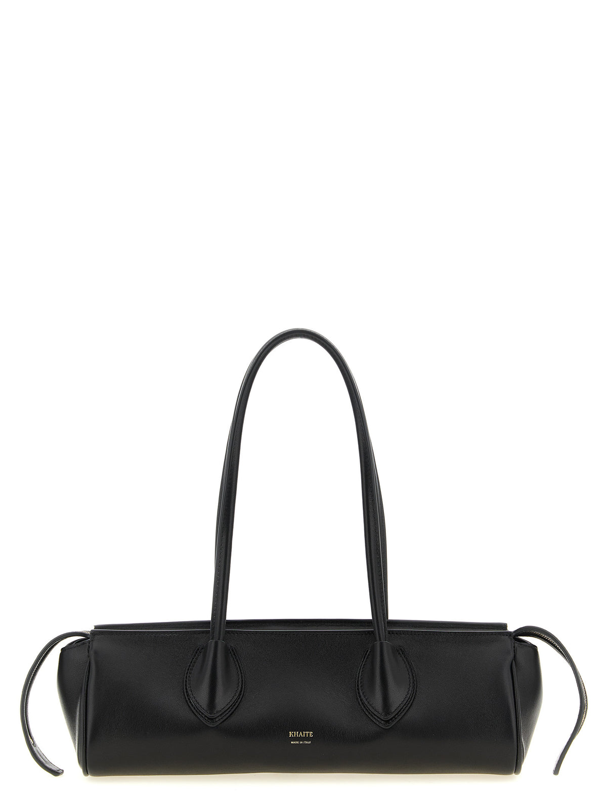 Khaite Donna shoulder bag in black nappa lambskin leather with tubular handles and brass hardware.